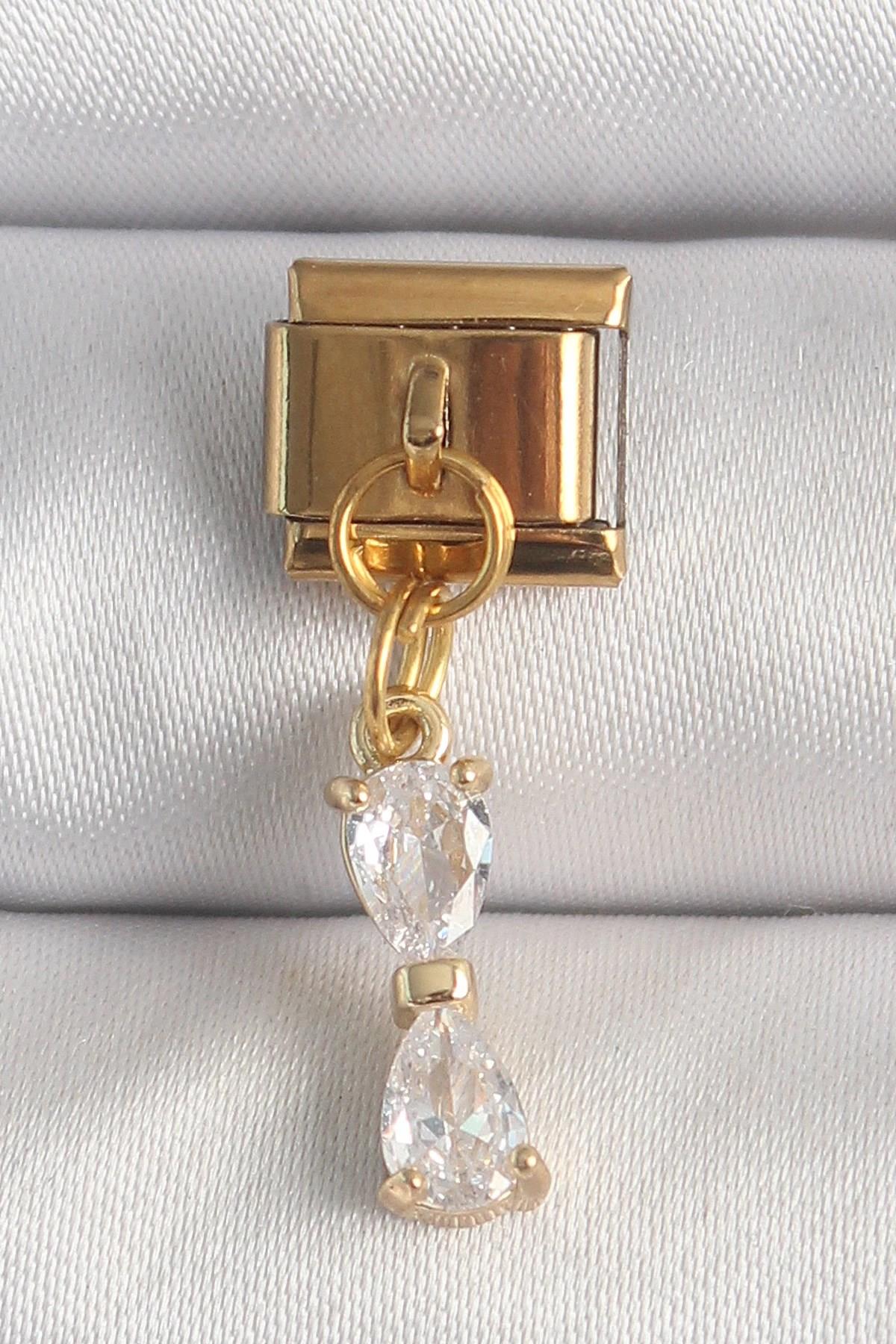 Mey İthalat® 316L Çelik Gold Renk Sallantı Zirkon Taşlı Kurdele Model Nomination Charm