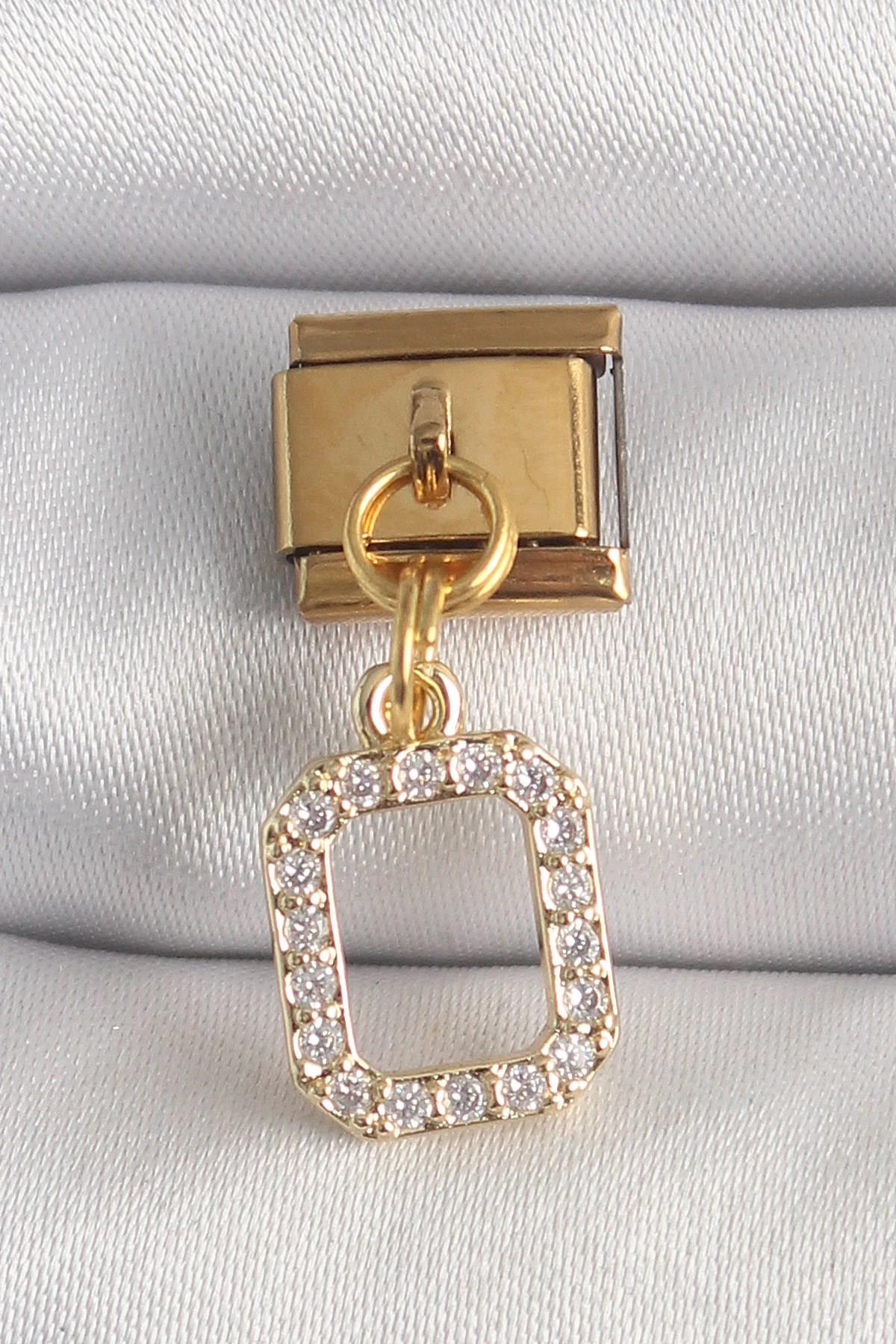 Mey İthalat® 316L Çelik Gold Renk Sallantı Kare Zirkon Taşlı Nomination Charm