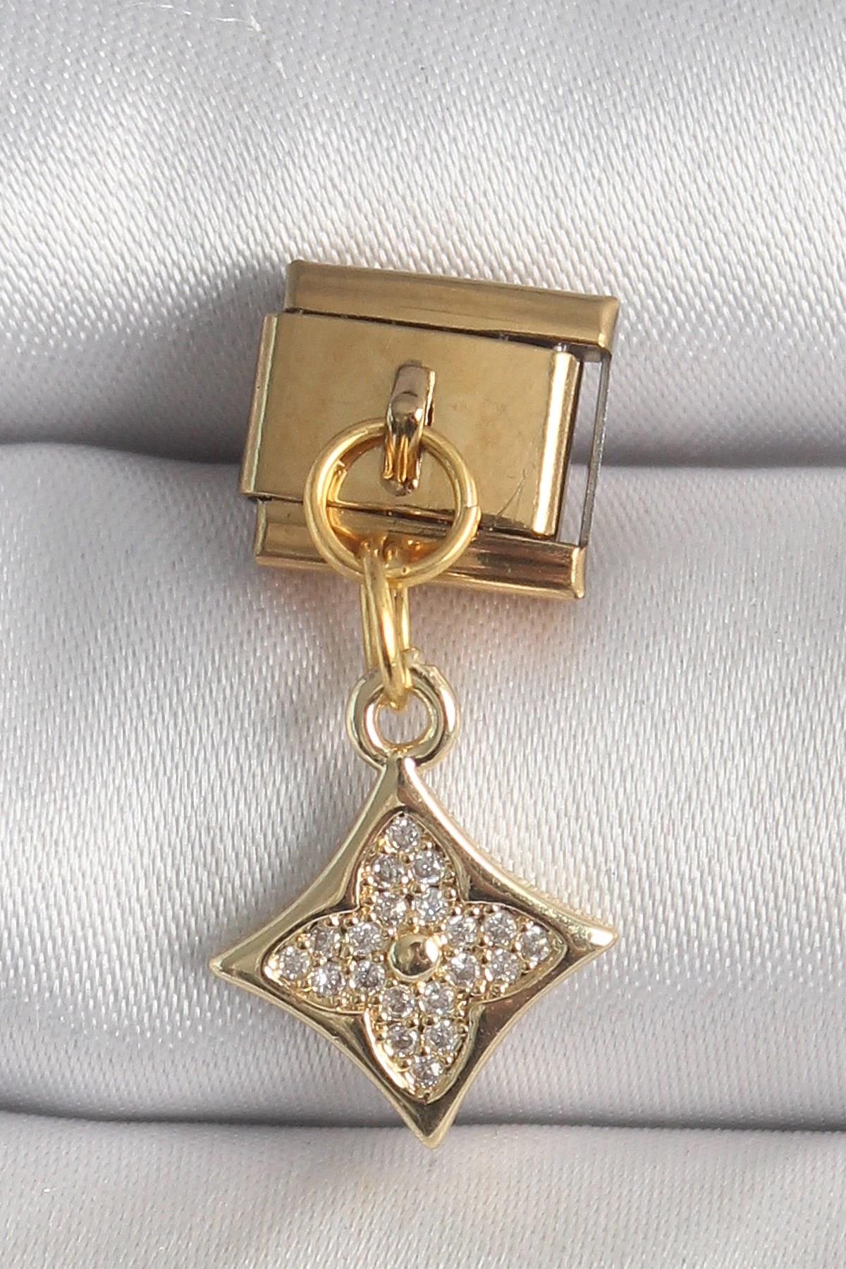 Mey İthalat® 316L Çelik Gold Renk Sallantı Zirkon Taşlı Çiçek İşlemeli Nomination Charm