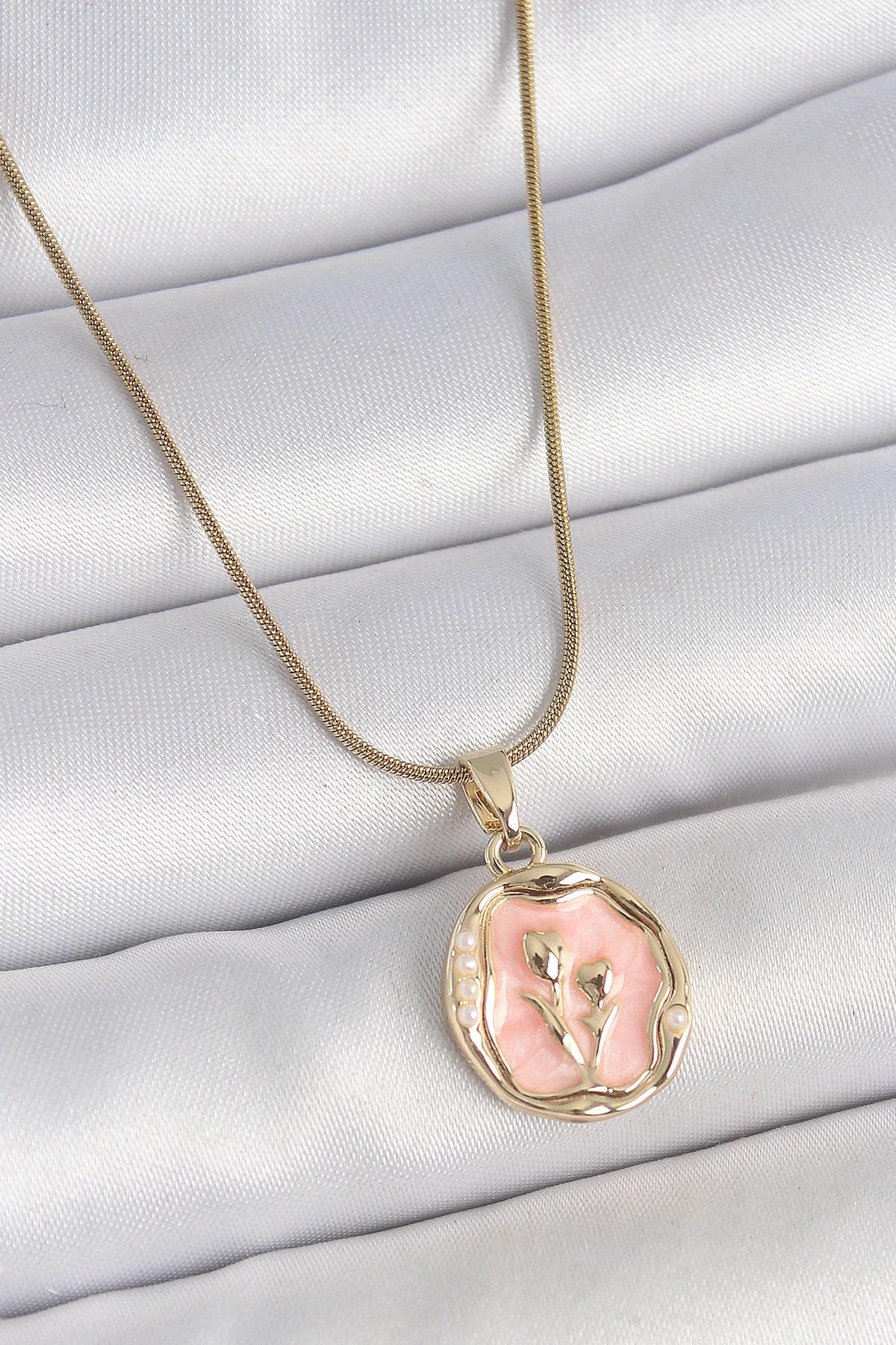 Mey İthalat® 316L Çelik Gold Renk Zincir Pembe Mineli Çiçek İşlemeli Portre Model Kadın Kolye