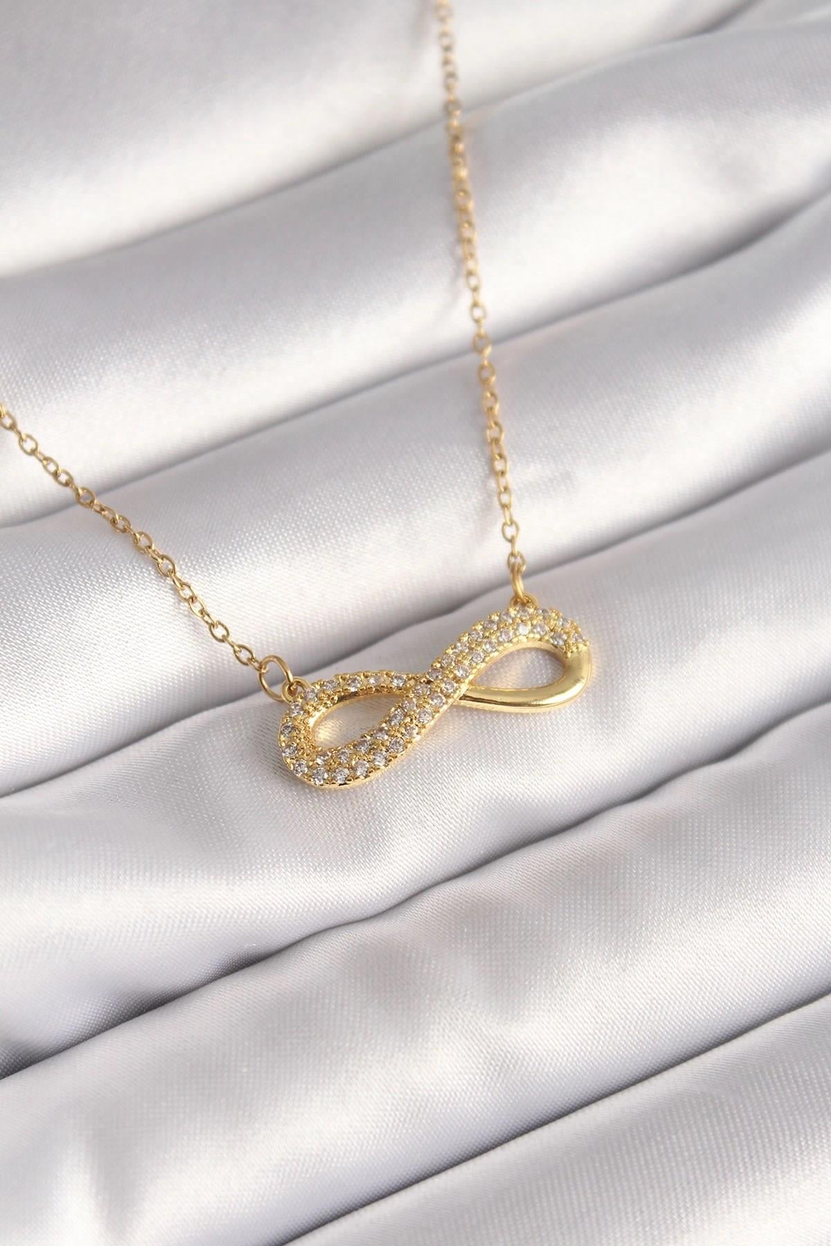 Mey İthalat® 316L Çelik Gold Renk Zincir Zirkon Taşlı Sonsuzluk Model Kadın Kolye