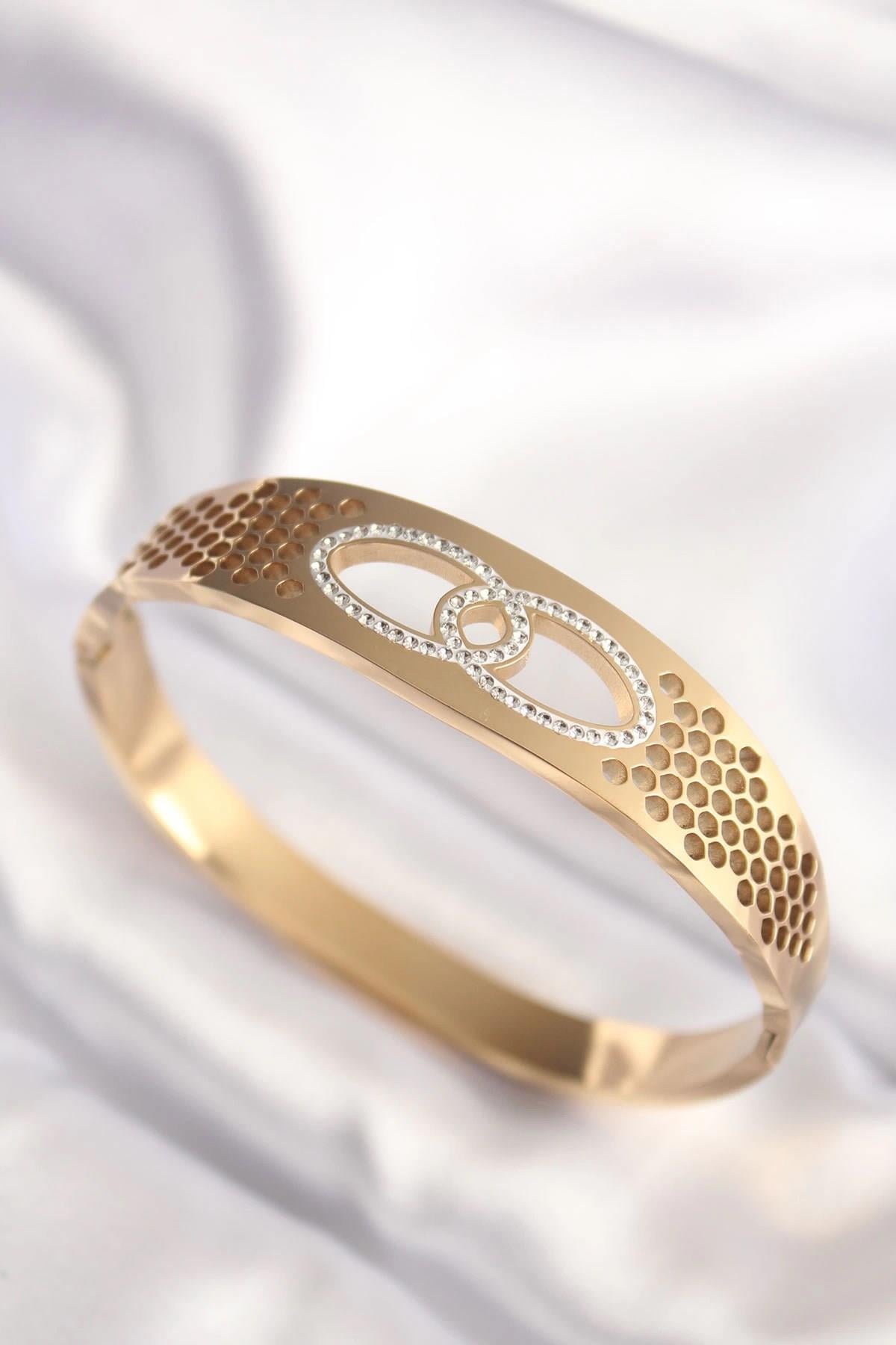 Mey İthalat® 316L Çelik Gold Renk Zirkon Taşlı Kadın Kelepçe Bilezik