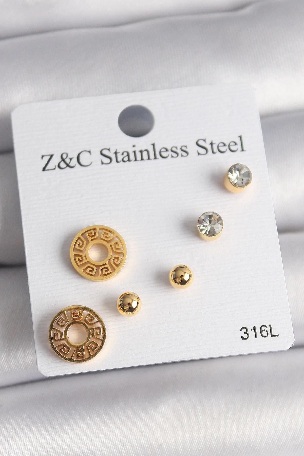 Mey İthalat® 316L Çelik Gold Renk Zirkon Taşı Labirent Model Kadın Küpe Seti