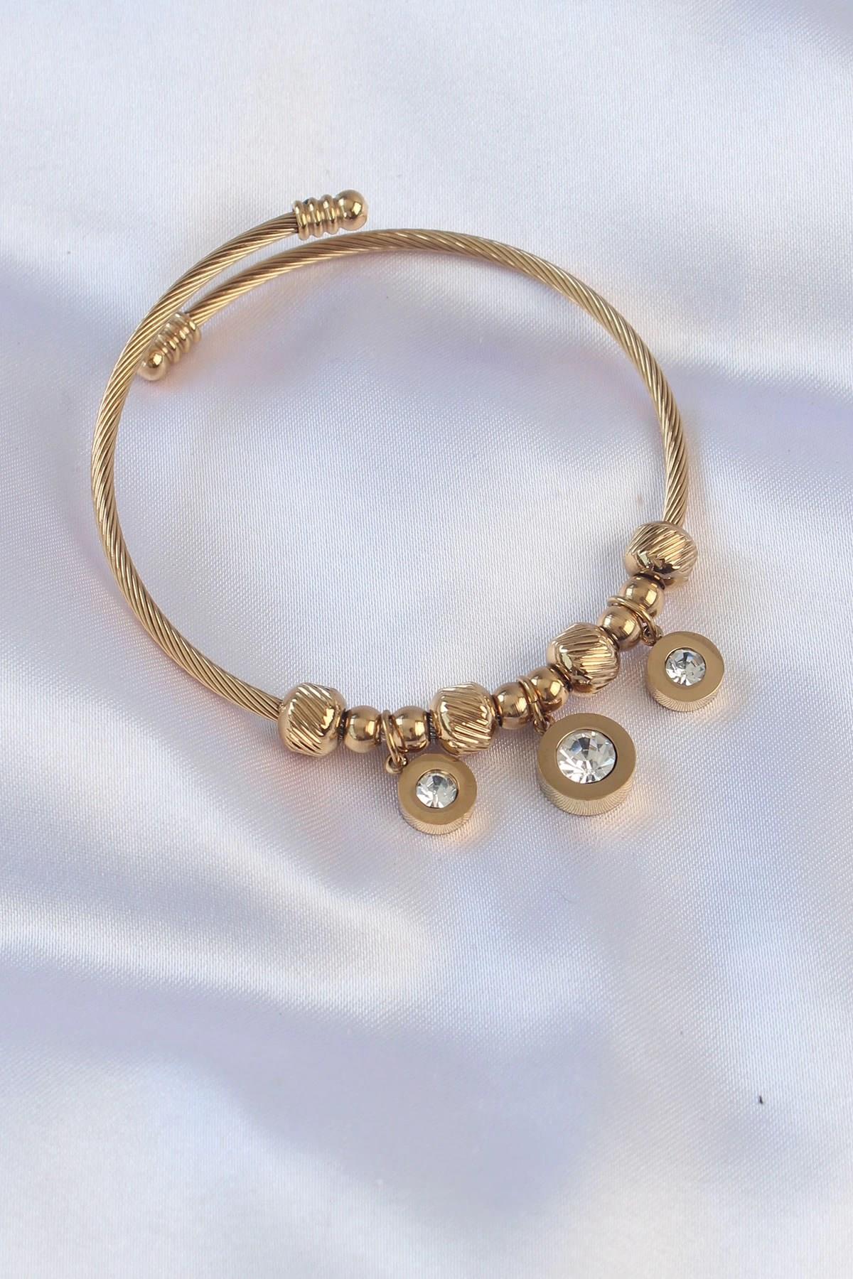 Mey İthalat® 316L Çelik Gold Renk Zirkon Taşlı Model Charm Bileklik
