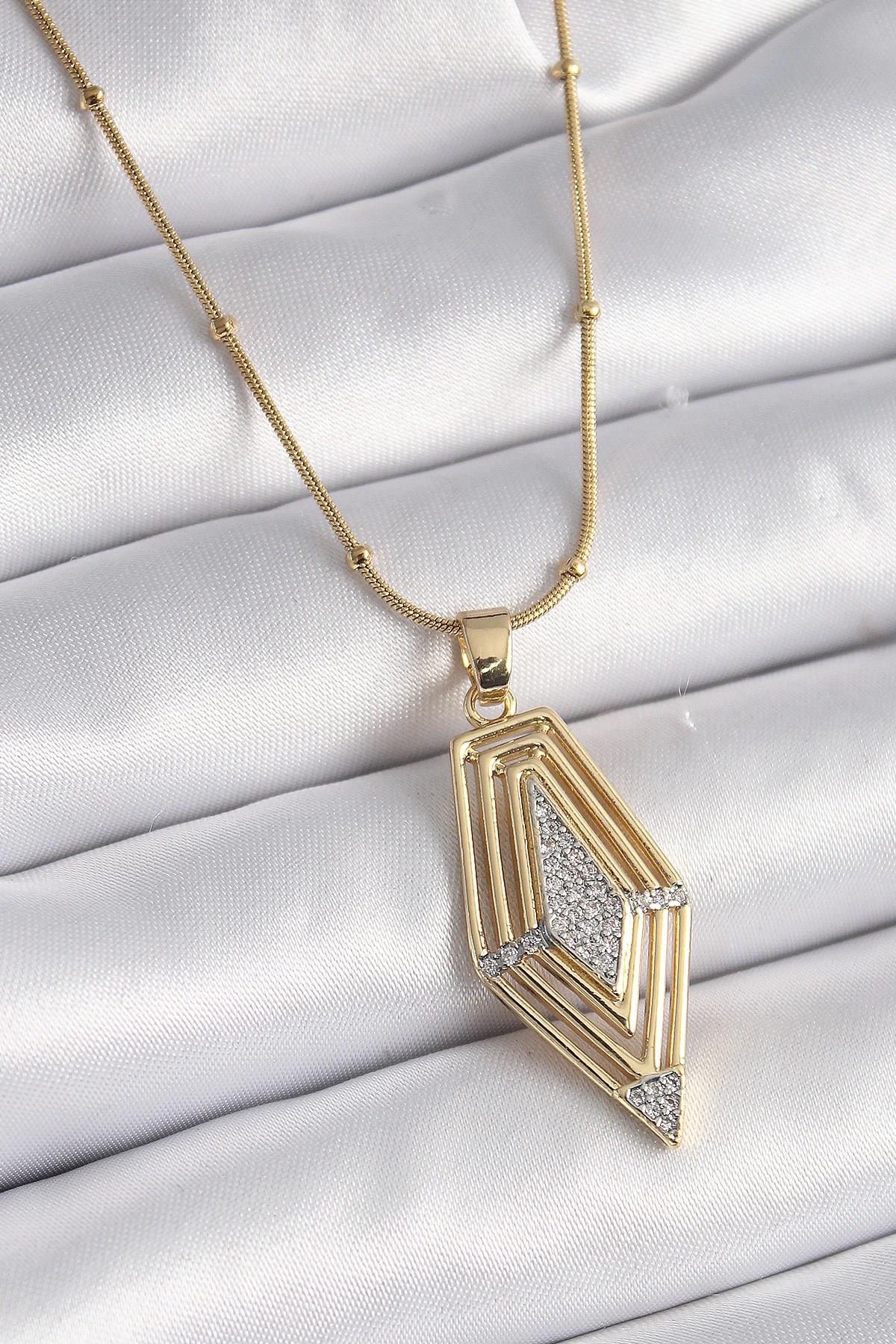 Mey İthalat® 316L Çelik Gold Renk Zirkon Taşlı Vintage Model Kadın Kolye