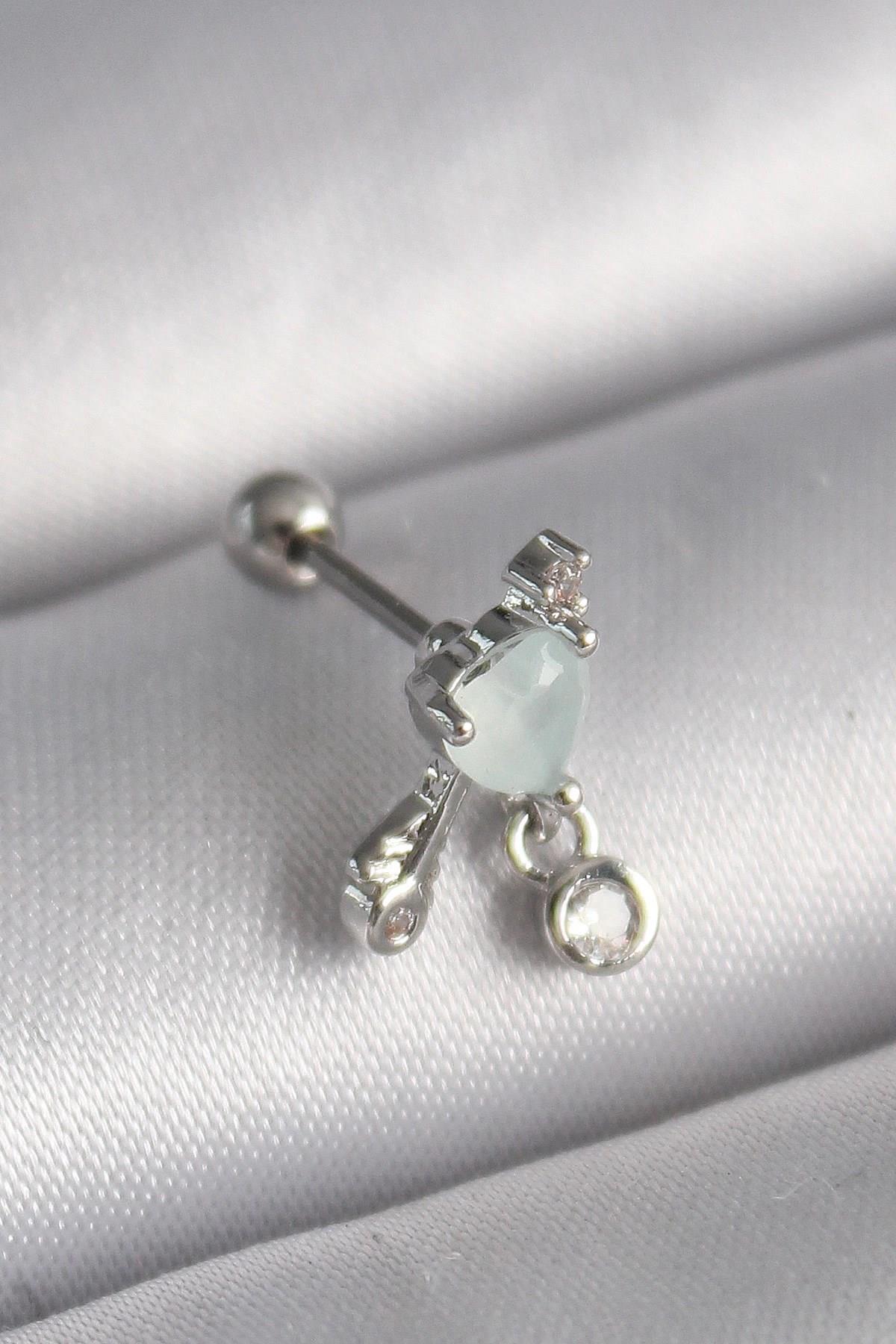 Mey İthalat® 316L Çelik Gümüş Renk Beyaz Minelik Kalp Sallantı Zirkon Taş Detay Tragus Piercing