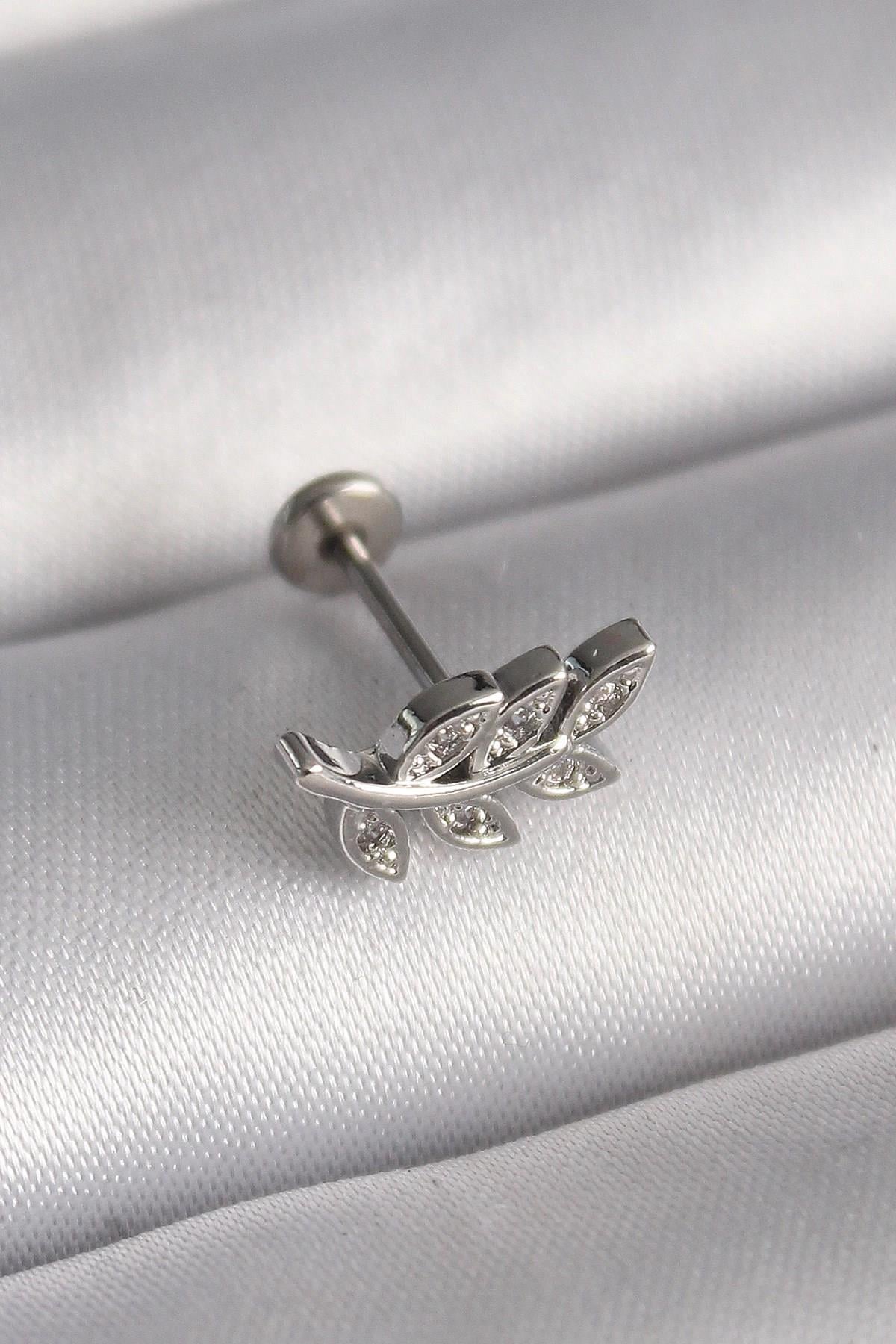 Mey İthalat® 316L Çelik Gümüş Renk Dal Model Zirkon Taş Detaylı Tragus Piercing