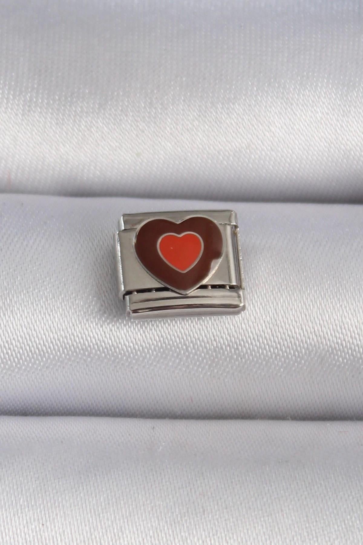 Mey İthalat® 316L Çelik Gümüş Renk Kahverengi Kalp İşlemeli Nomination Charm