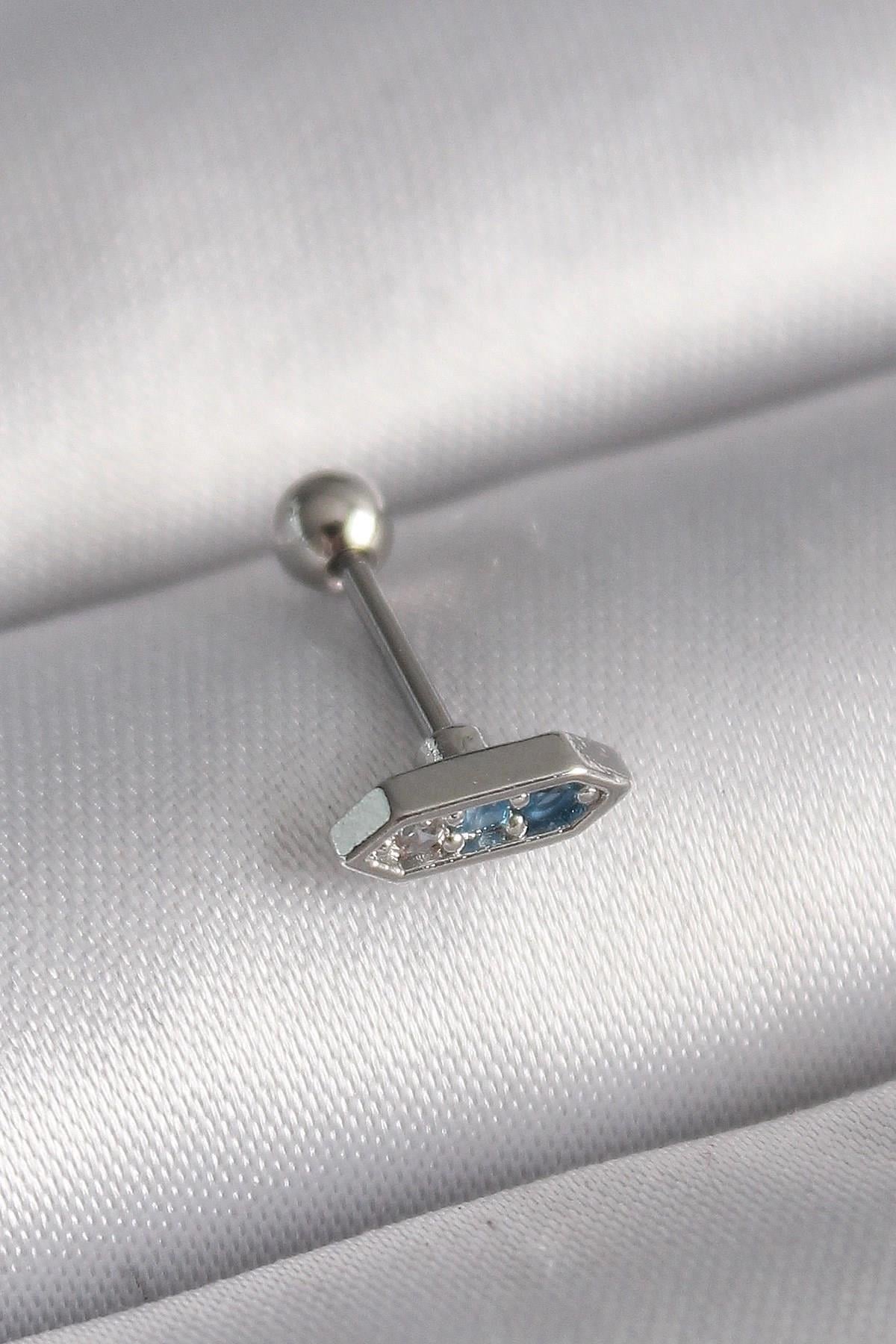 Mey İthalat® 316L Çelik Gümüş Renk Mavi Zirkon Taşlı Tragus Piercing