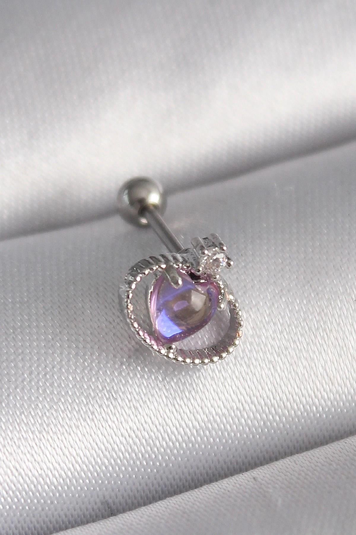 Mey İthalat® 316L Çelik Gümüş Renk Mor Mineli Kalp Zirkon Taş Detay Tragus Piercing