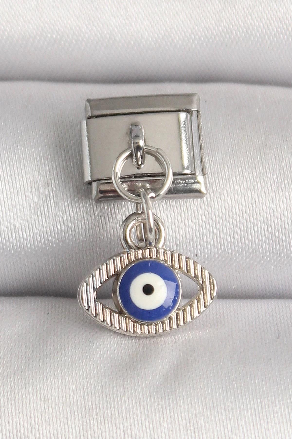 Mey İthalat® 316L Çelik Gümüş Renk Nazar Boncuk Detaylı Göz Model Nomination Charm