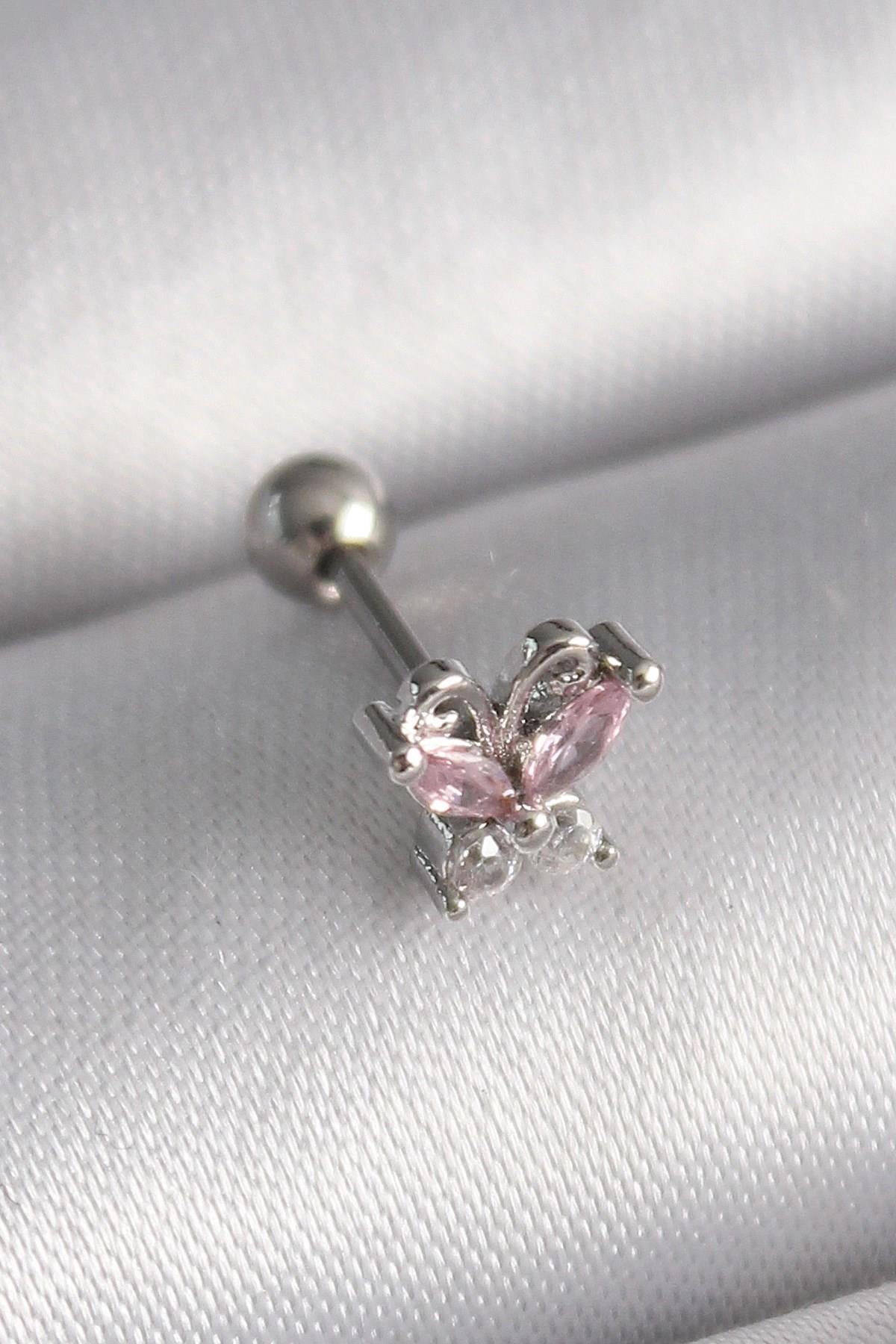 Mey İthalat® 316L Çelik Gümüş Renk Pembe Zirkon Taşlı Kelebek Tragus Piercing