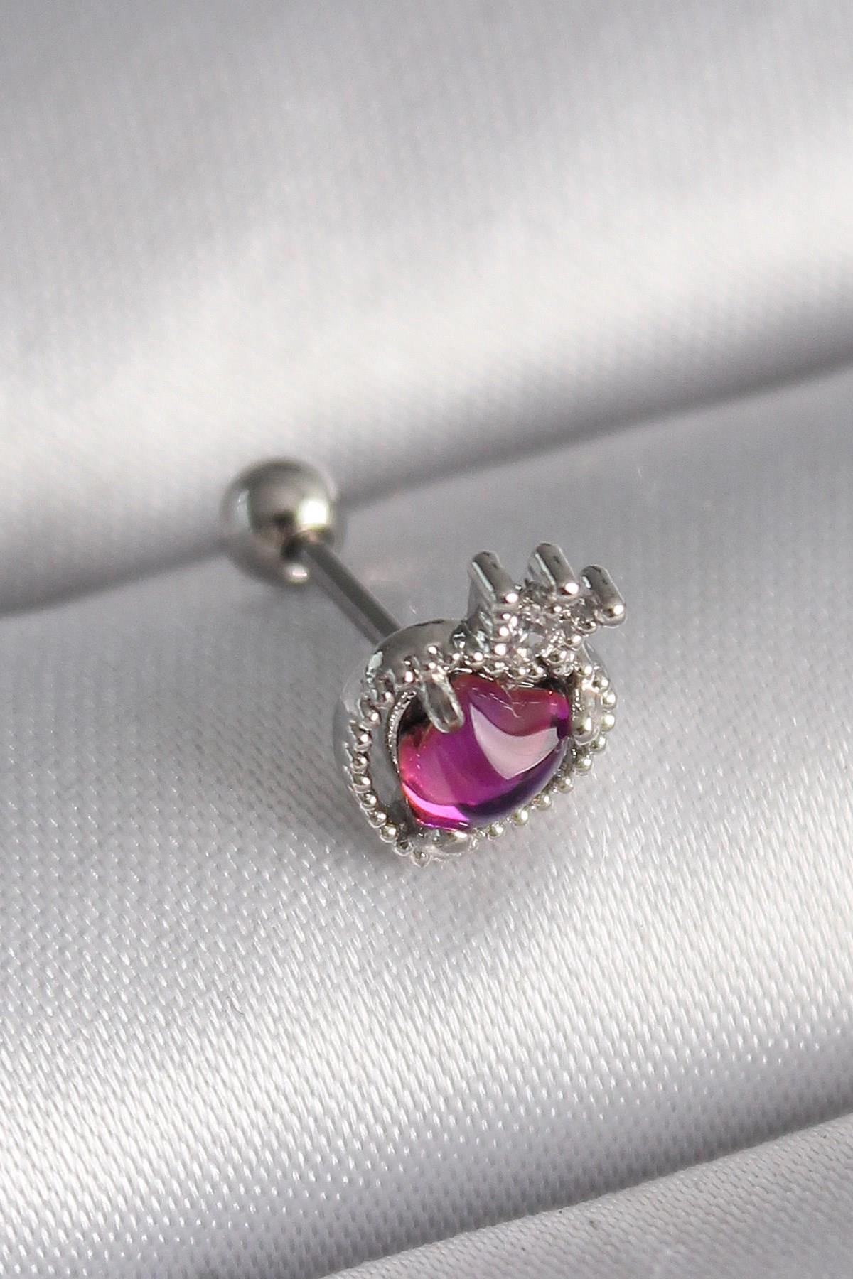 Mey İthalat® 316L Çelik Gümüş Renk Pembe Mineli Kalp Zirkon Taş Detaylı Taç Tragus Piercing
