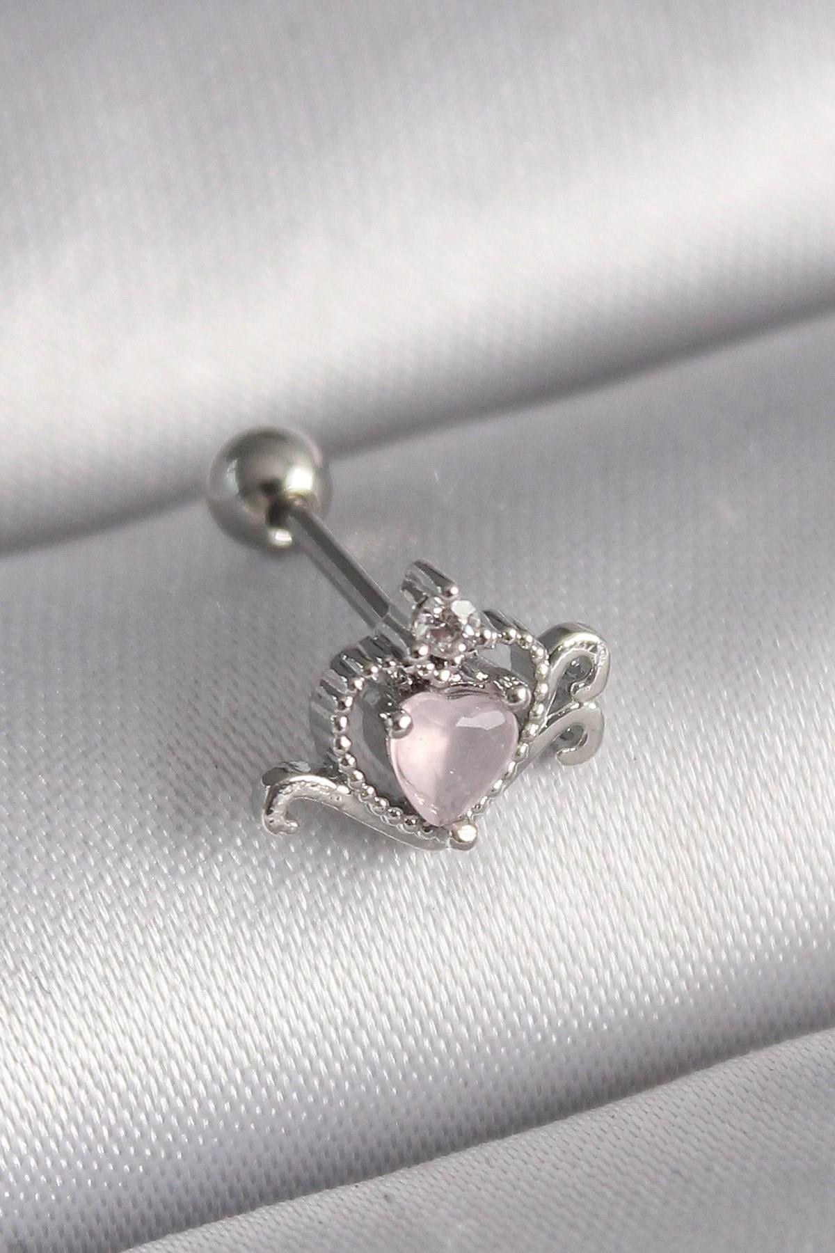 Mey İthalat® 316L Çelik Gümüş Renk Pembe Mineli Kalp Zirkon Taş Detay Tragus Piercing