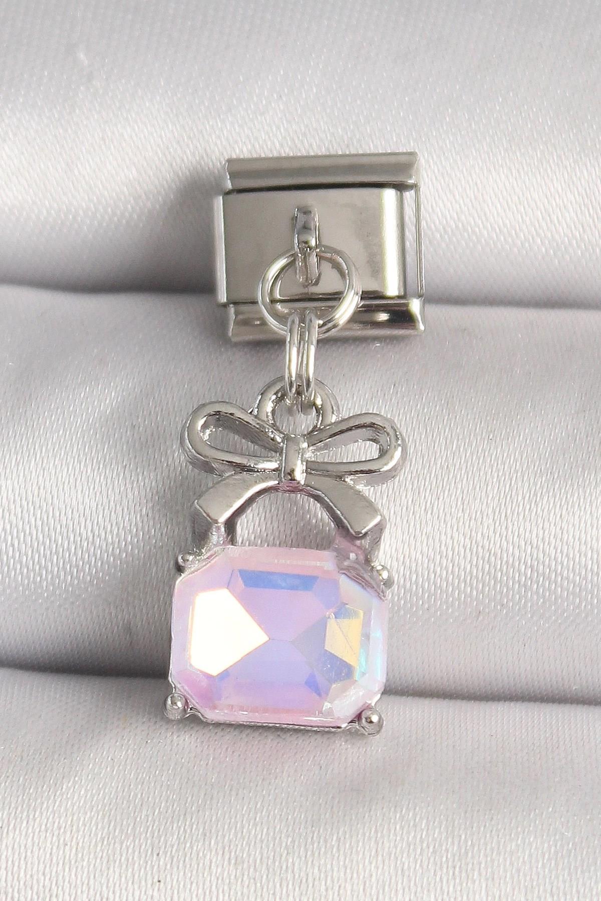 Mey İthalat® 316L Çelik Gümüş Renk Pembe Zirkon Taşlı Çanta Model Nomination Charm