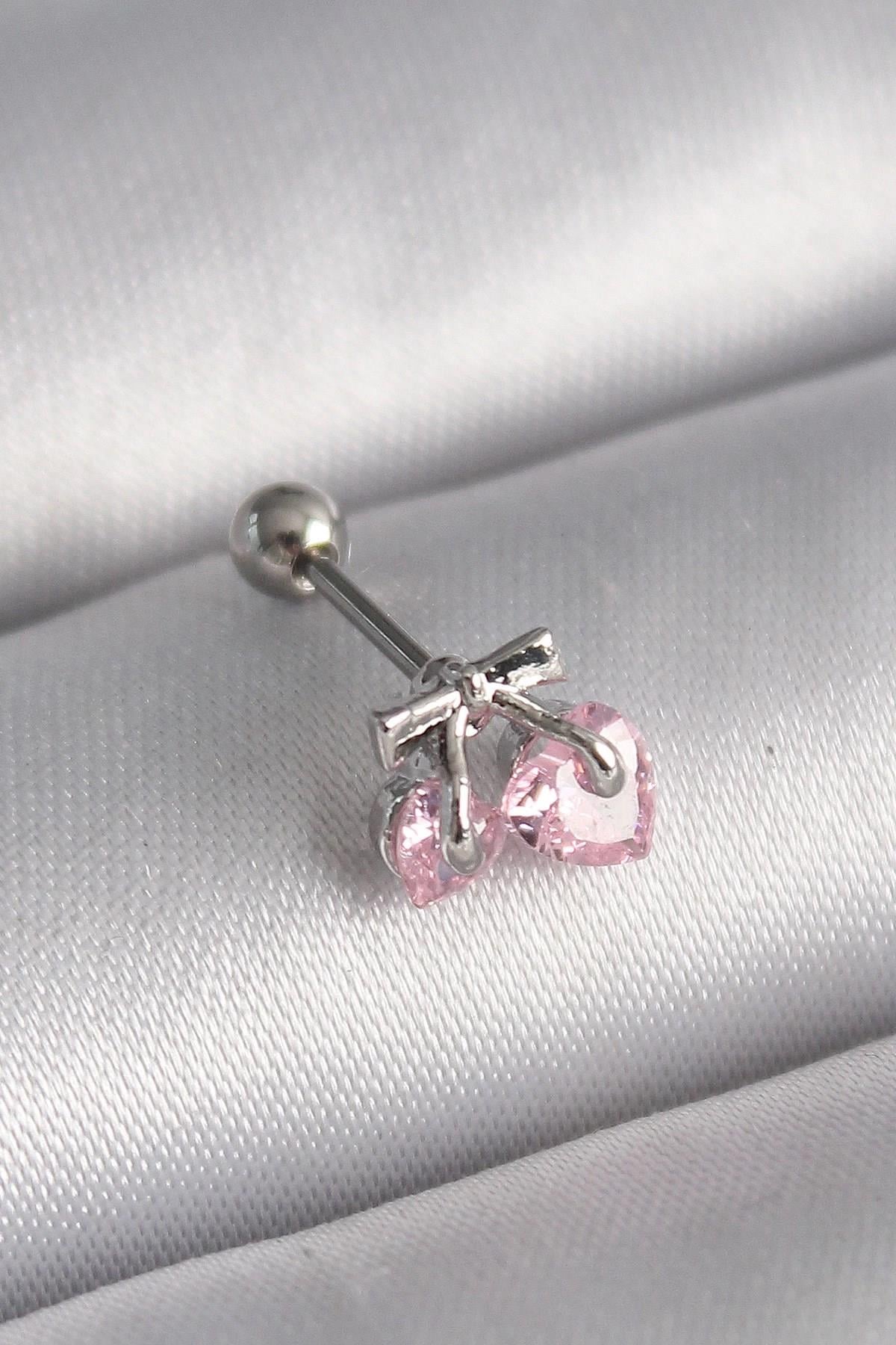 Mey İthalat® 316L Çelik Gümüş Renk Pembe Zirkon Taşlı Kalp Tragus Piercing