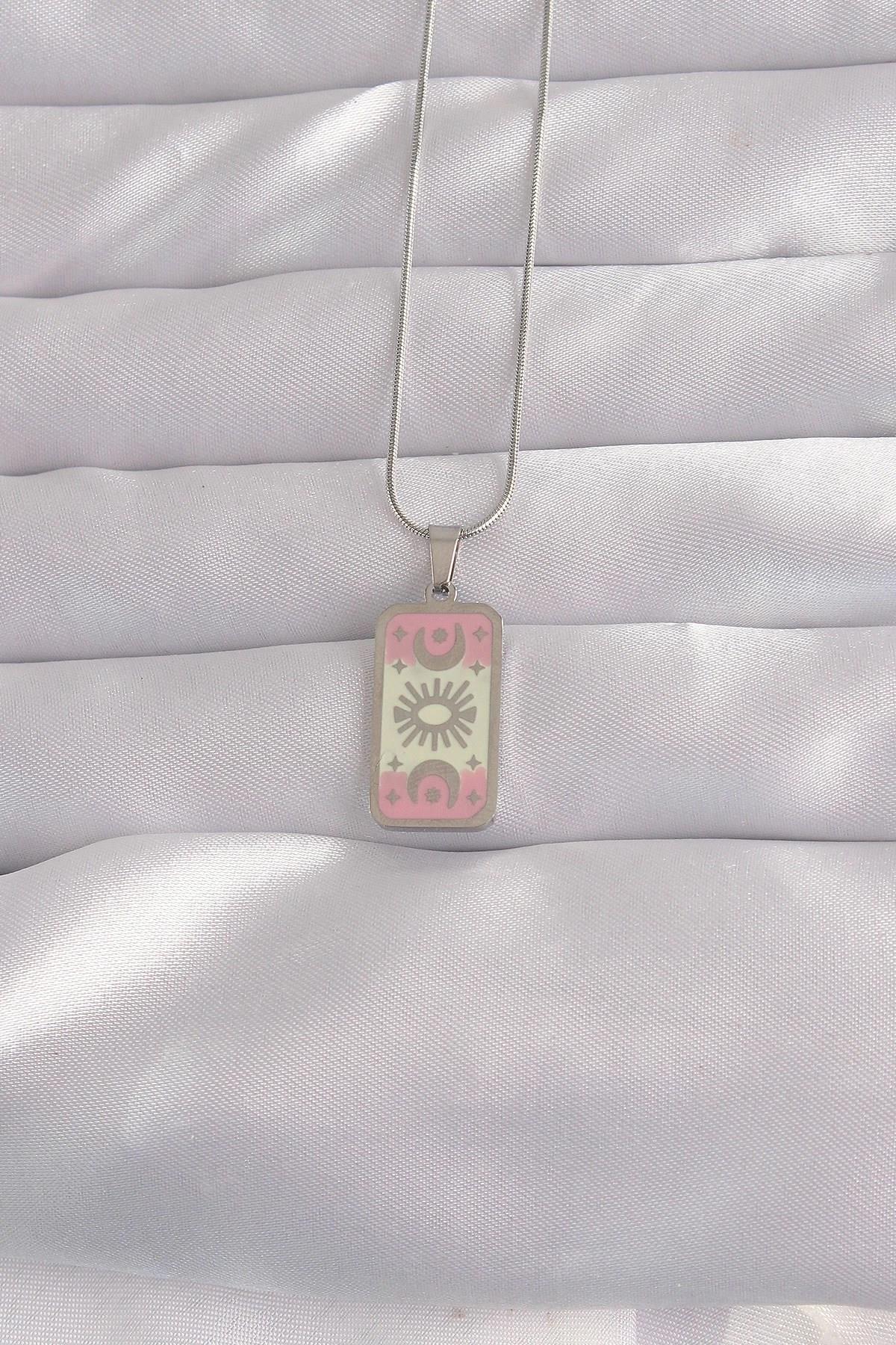 Mey İthalat® 316L Çelik Gümüş Renk Pembe Mineli Ay Figür Tarot Kolye