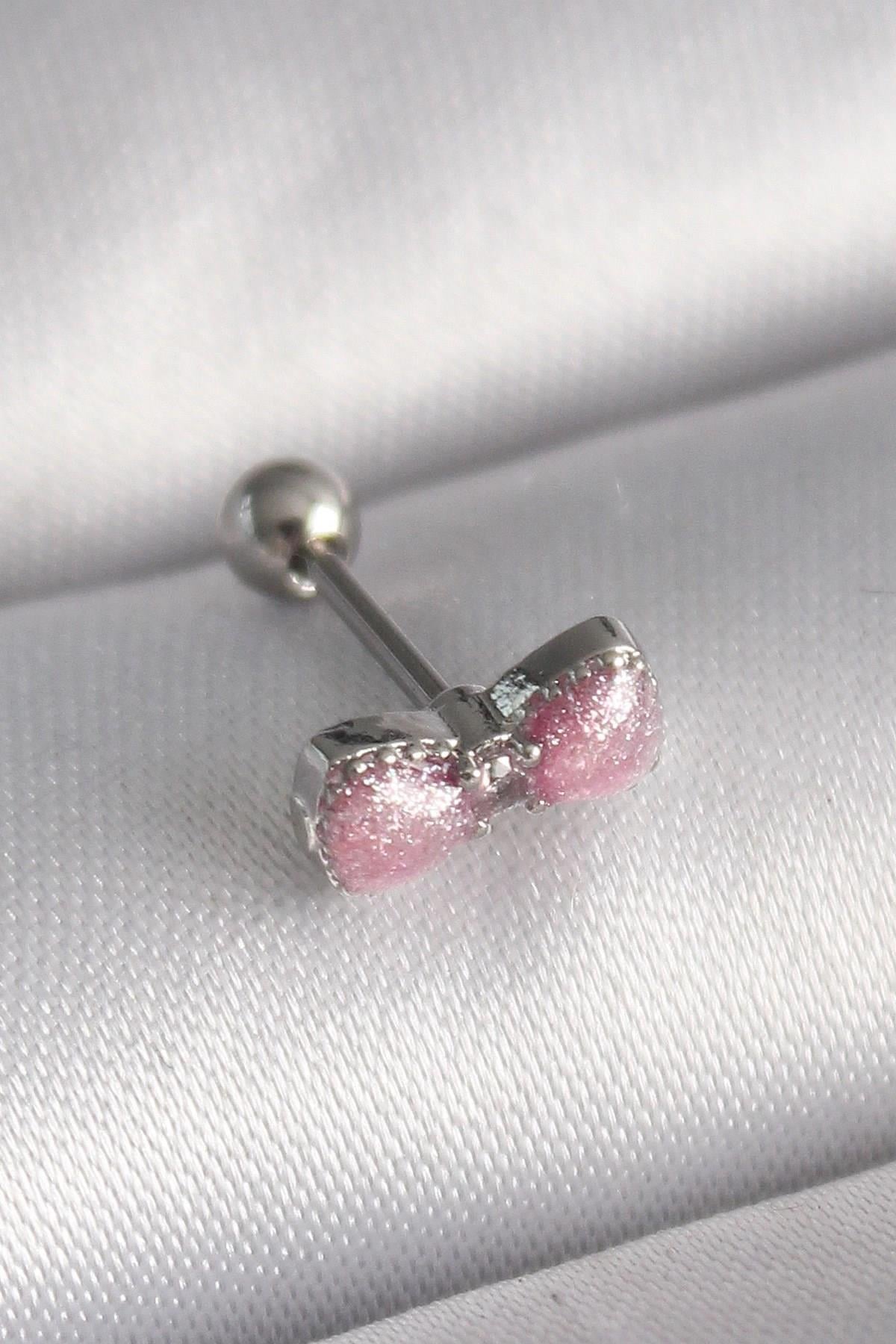 Mey İthalat® 316L Çelik Gümüş Renk Pembe Kurdele Zirkon Taş Detay Tragus Piercing
