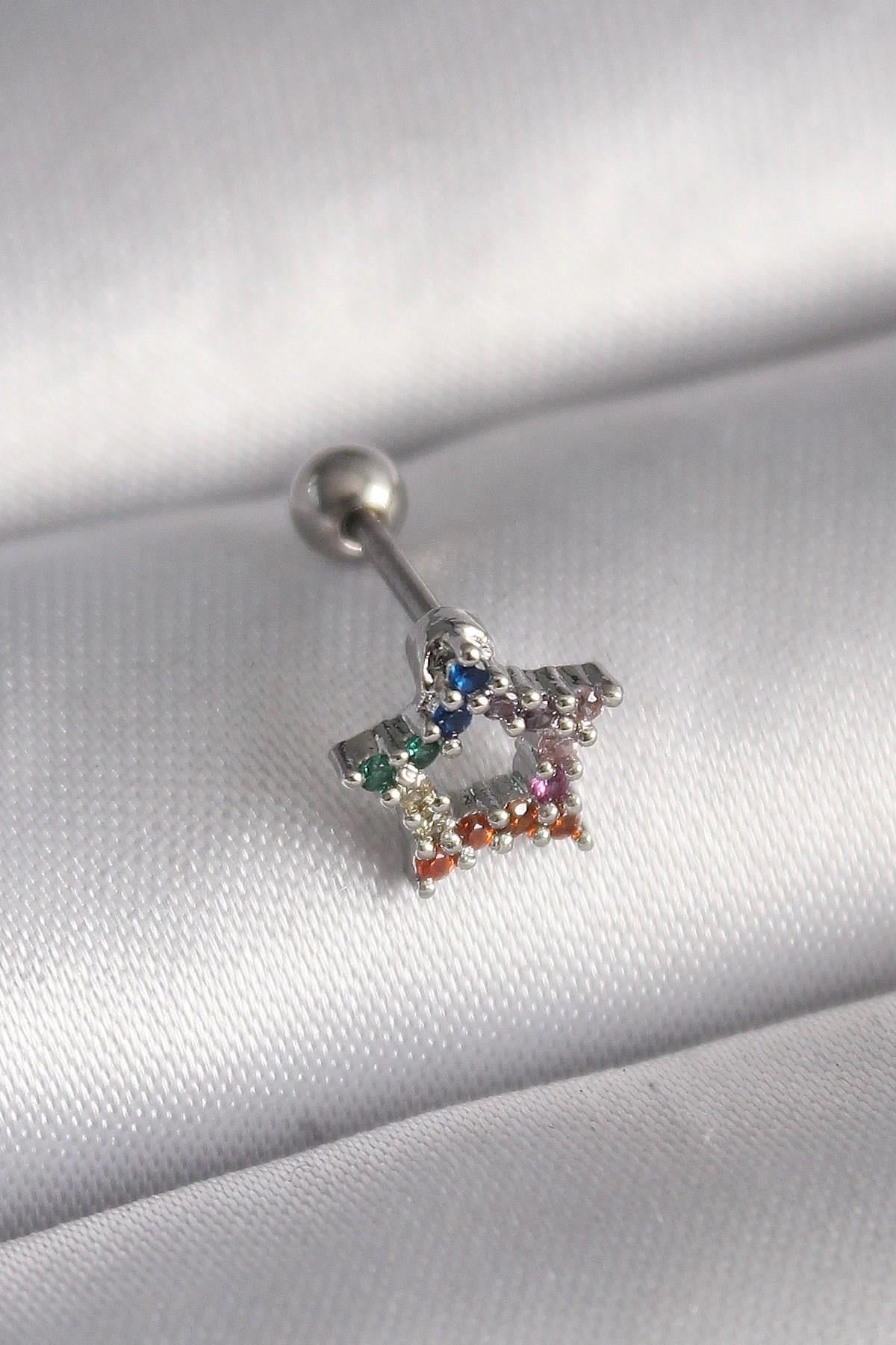 Mey İthalat® 316L Çelik Gümüş Renk Renkli Zirkon Taşlı Yıldız Model Tragus Piercing