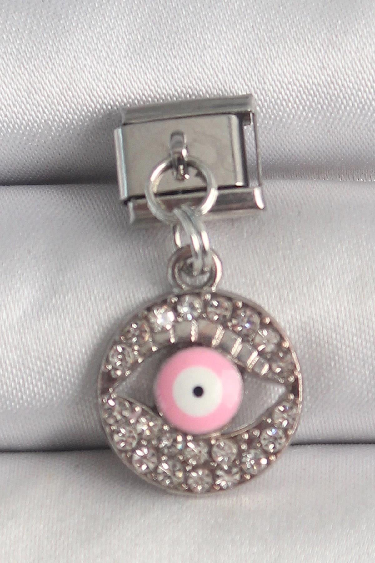 Mey İthalat® 316L Çelik Gümüş Renk Sallantı Zirkon Taşlı Pembe Göz Model Nomination Charm