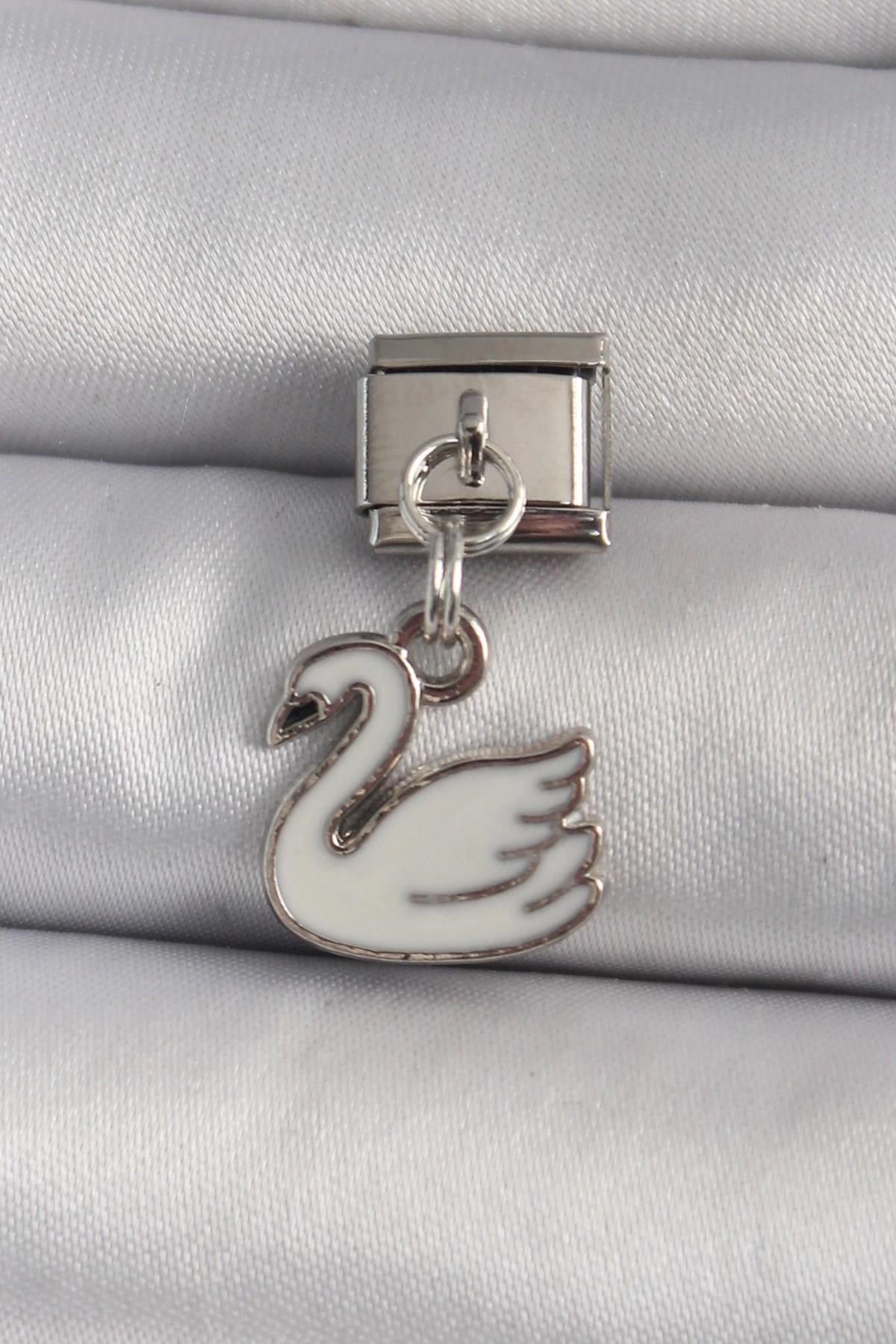 Mey İthalat® 316L Çelik Gümüş Renk Sallantı Beyaz Kuğu Model Nomination Charm