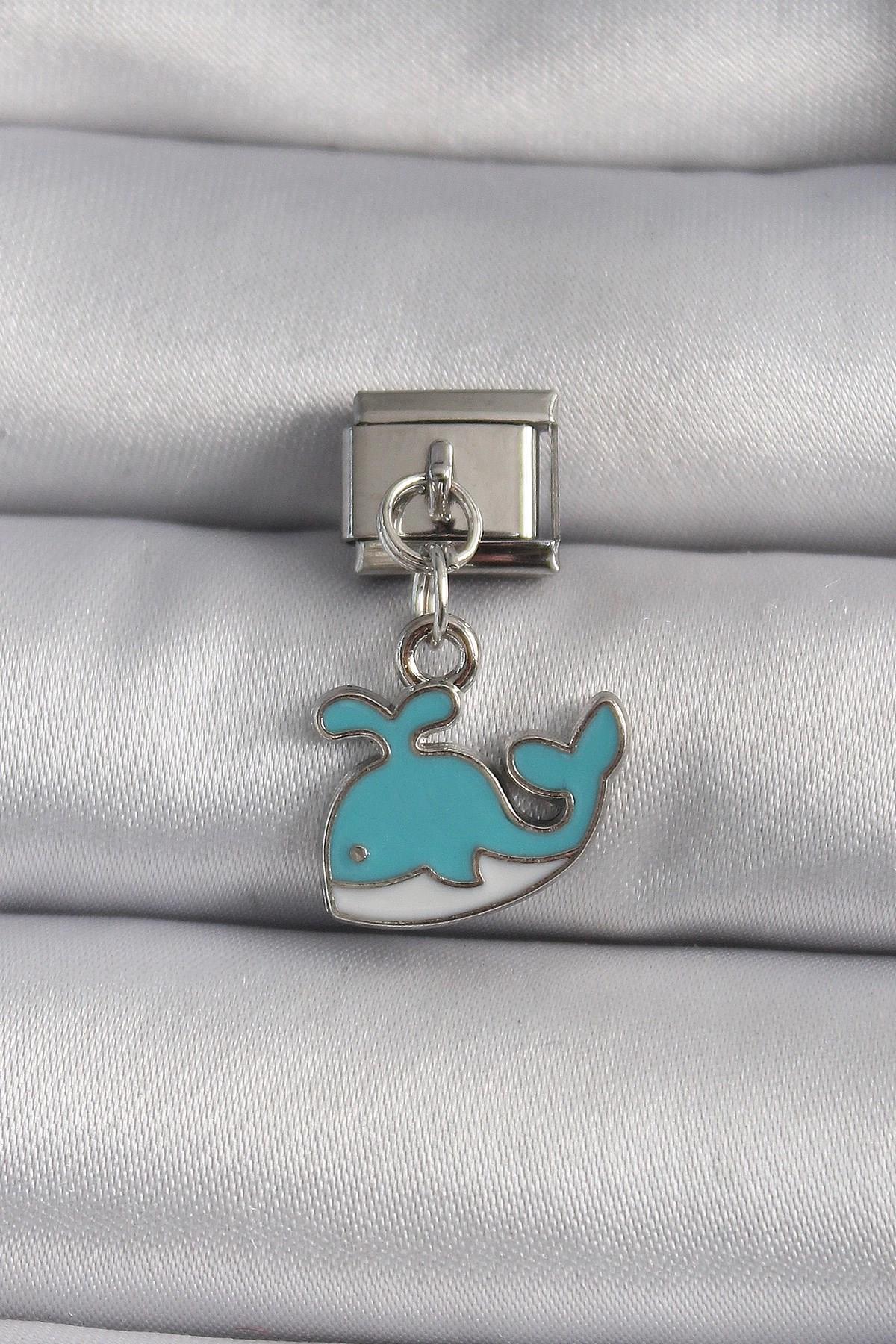 Mey İthalat® 316L Çelik Gümüş Renk Sallantı Mavi Balina Model Nomination Charm