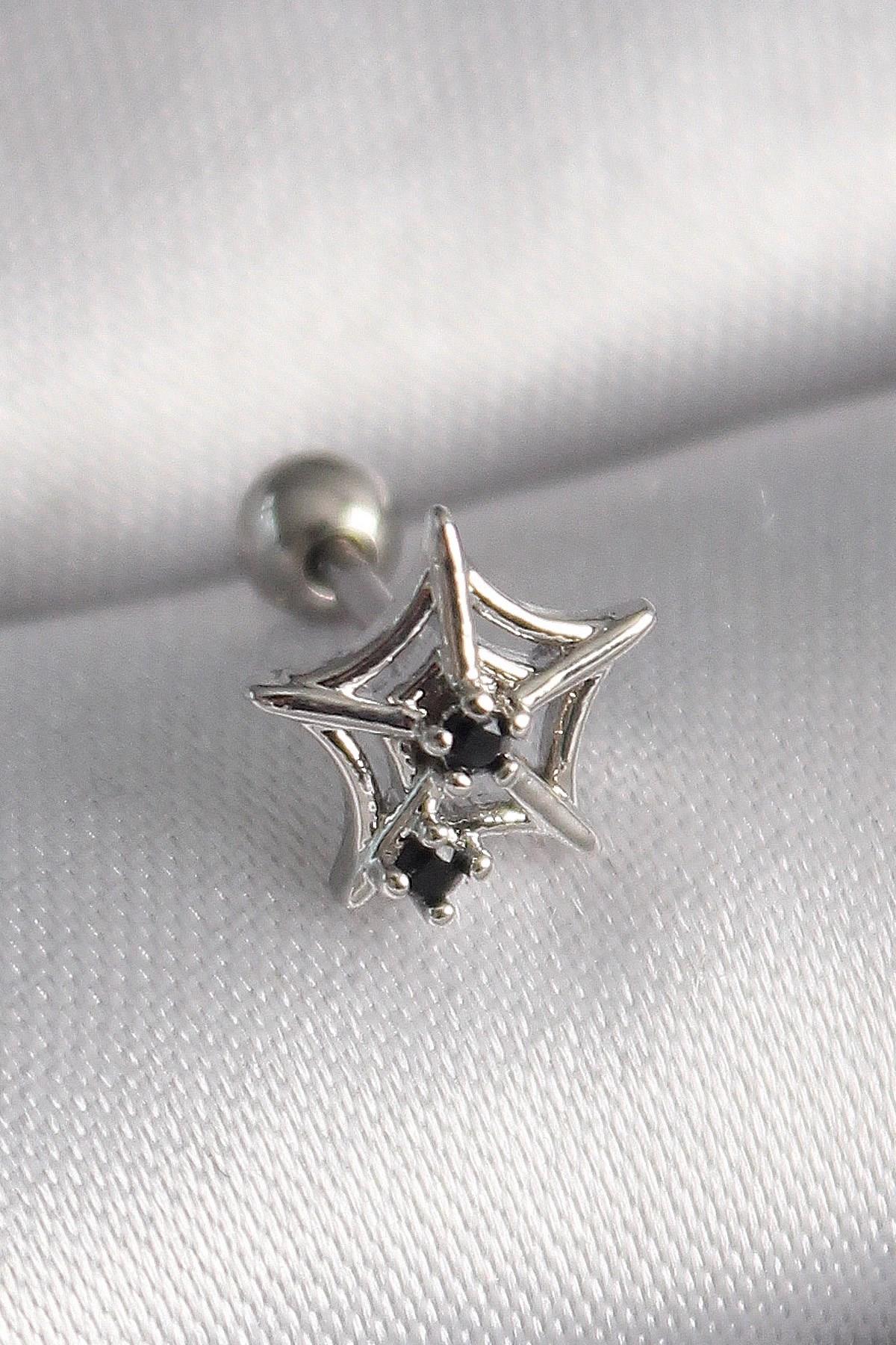 Mey İthalat® 316L Çelik Gümüş Renk Siyah Zirkon Taş Detay Örümcek Ağ Model Tragus Piercing