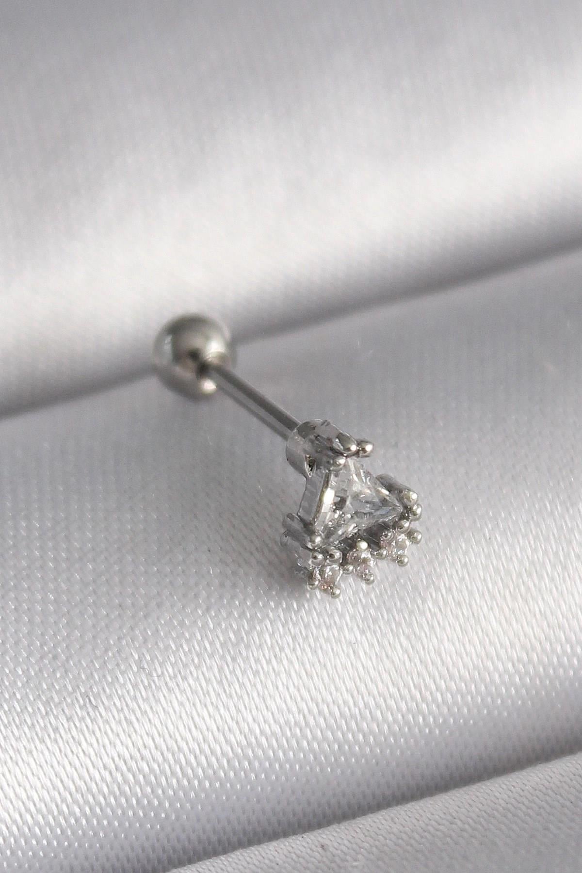 Mey İthalat® 316L Çelik Gümüş Renk Üçgen Zirkon Taşlı Tragus Piercing