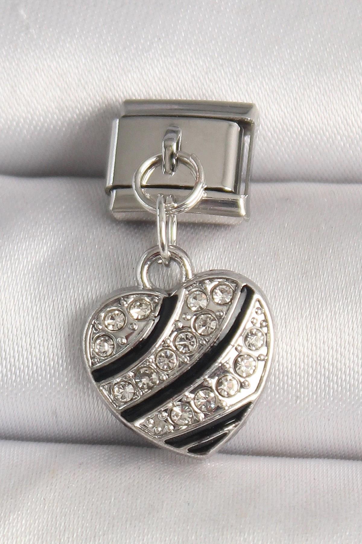 Mey İthalat® 316L Çelik Gümüş Renk Zirkon Taşlı Kalp Model Nomination Charm