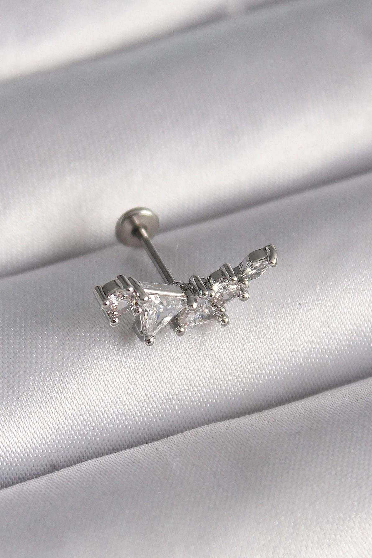 Mey İthalat® 316L Çelik Gümüş Renk Zirkon Taşlı Tragus Piercing