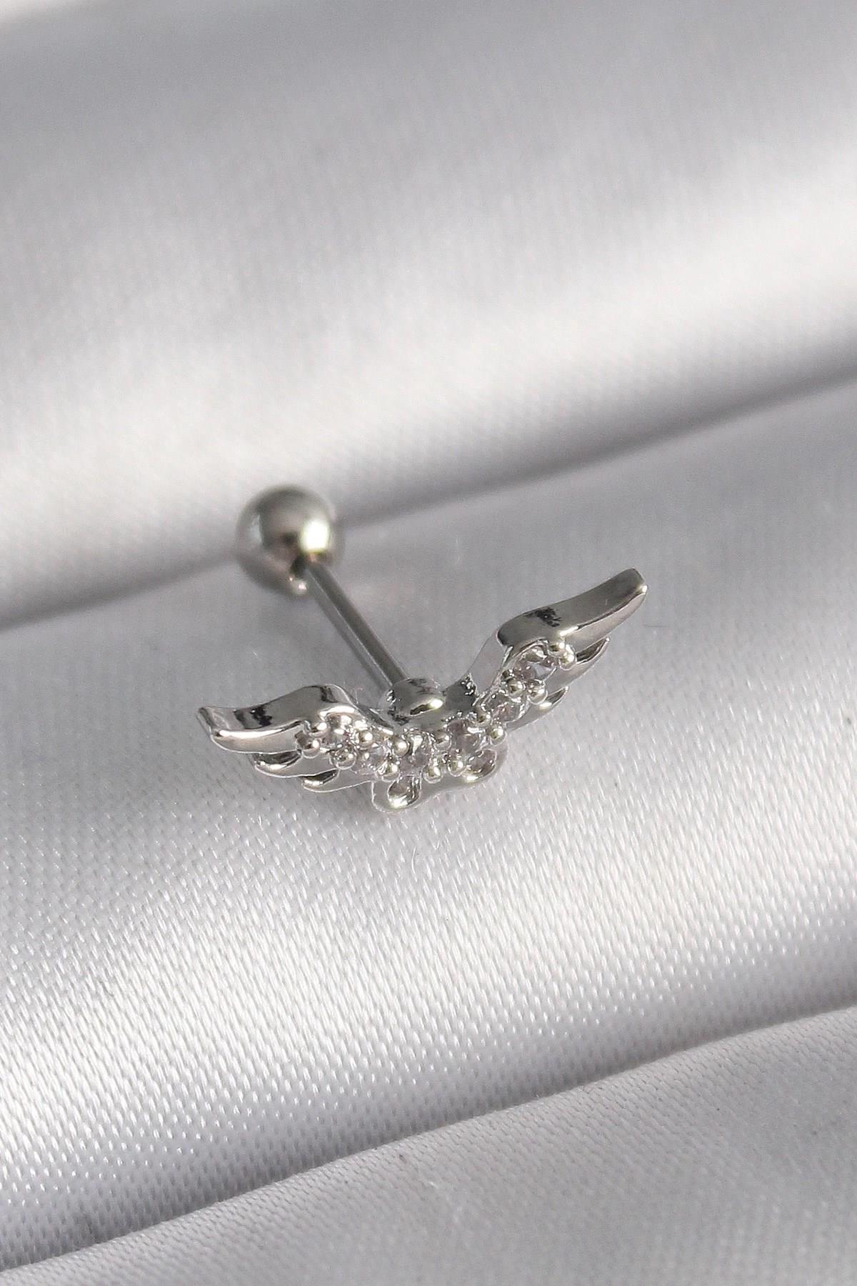 Mey İthalat® 316L Çelik Gümüş Renk Zirkon Taş Detay Kanat Model Tragus Piercing