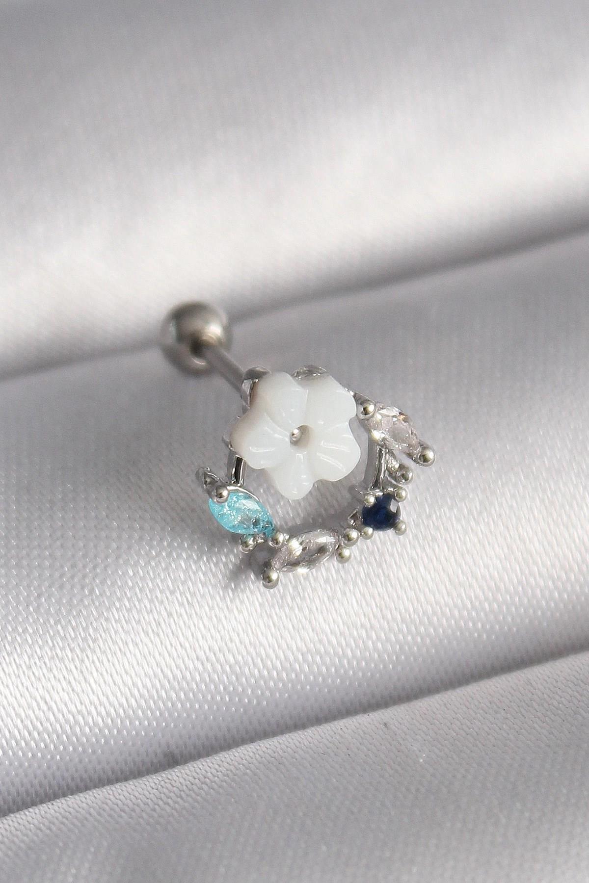 Mey İthalat® 316L Çelik Gümüş Renk Zirkon Taş Detay Beyaz Çiçek Model Tragus Piercing