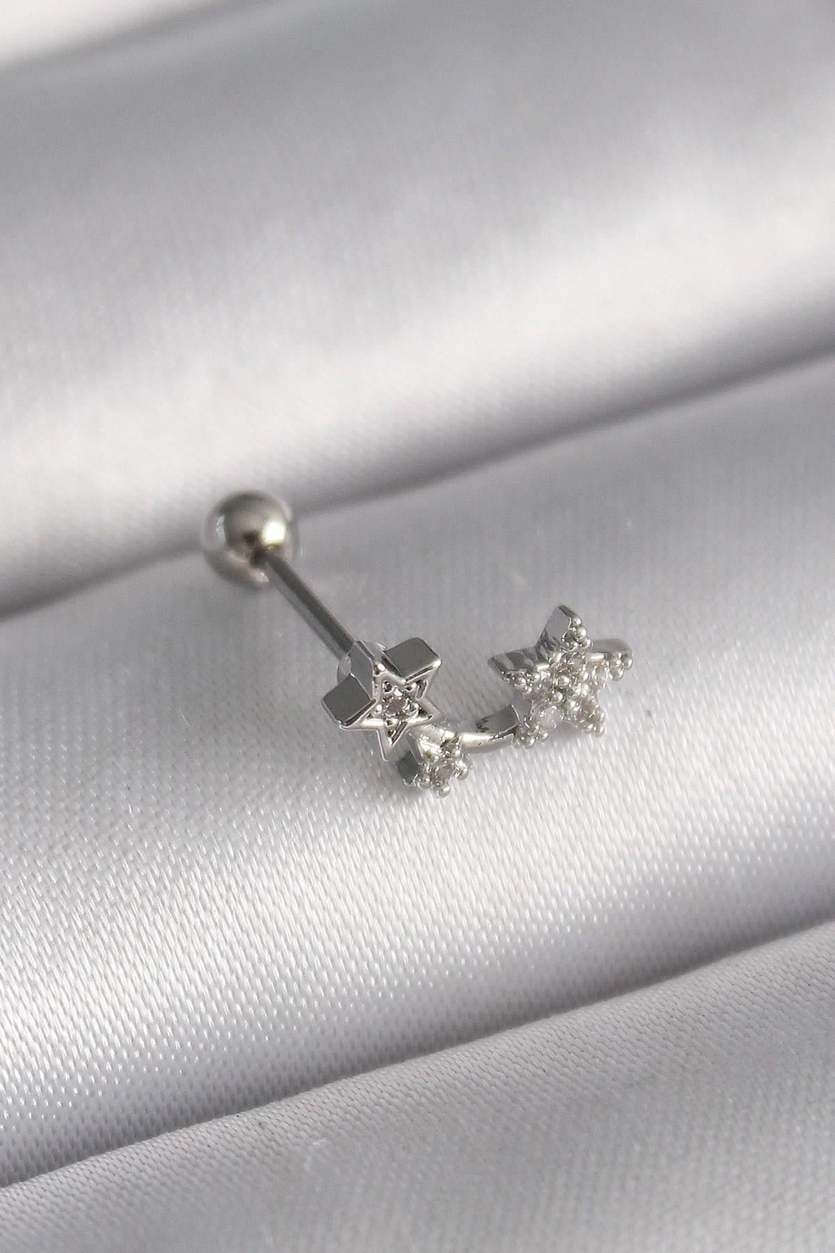 Mey İthalat® 316L Çelik Gümüş Renk Zirkon Taşlı Yıldız Tragus Piercing