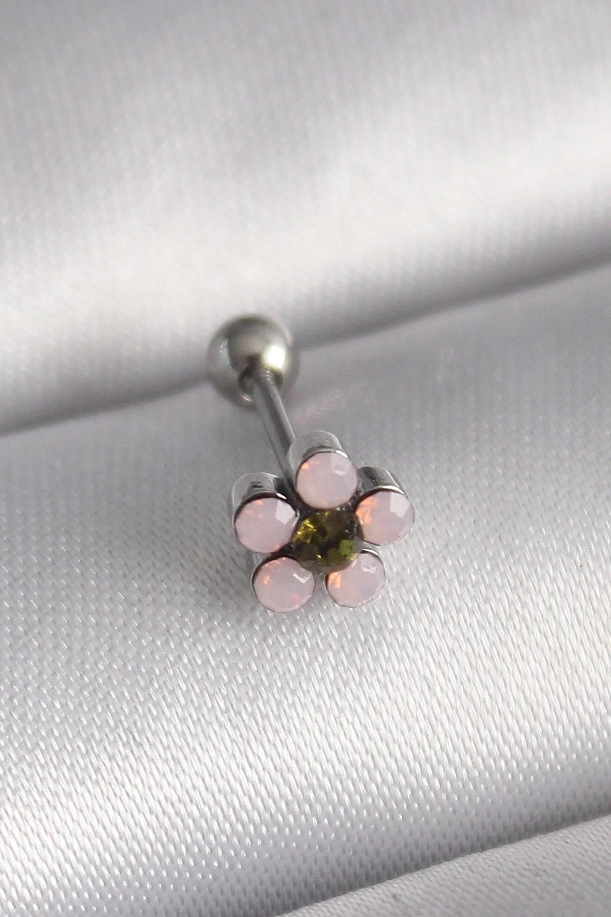 Mey İthalat® 316L Çelik Gümüş Renk Zirkon Taşlı Çiçek Tragus Piercing
