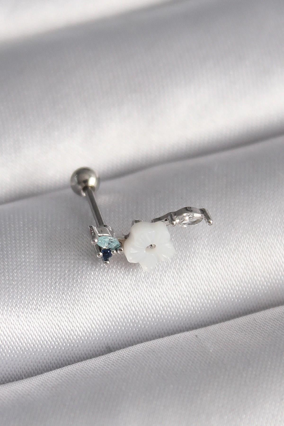 Mey İthalat® 316L Çelik Gümüş Renk Zirkon Taş Detay Beyaz Çiçek Model Tragus Piercing