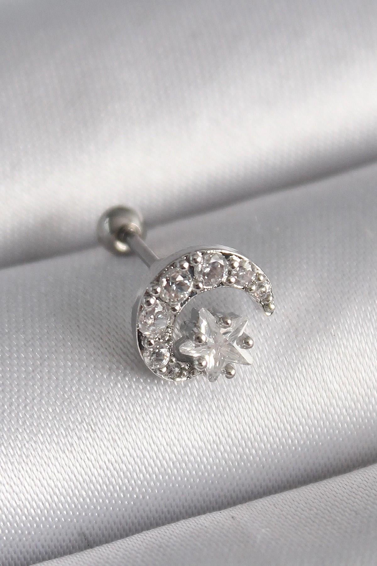 Mey İthalat® 316L Çelik Gümüş Renk Zirkon Taşlı Ay Yıldız Tragus Piercing