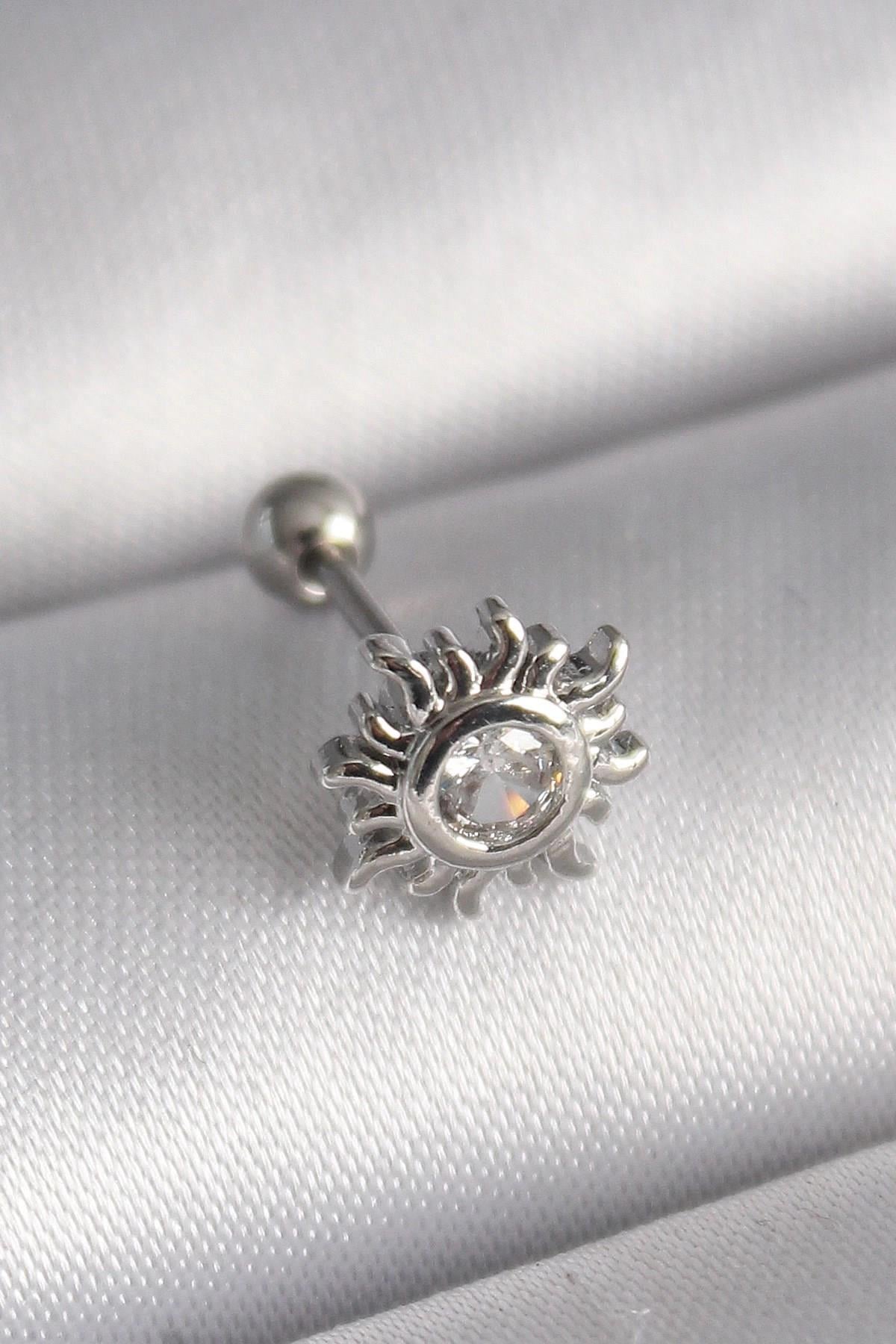Mey İthalat® 316L Çelik Gümüş Renk Zirkon Taşlı Güneş Tragus Piercing