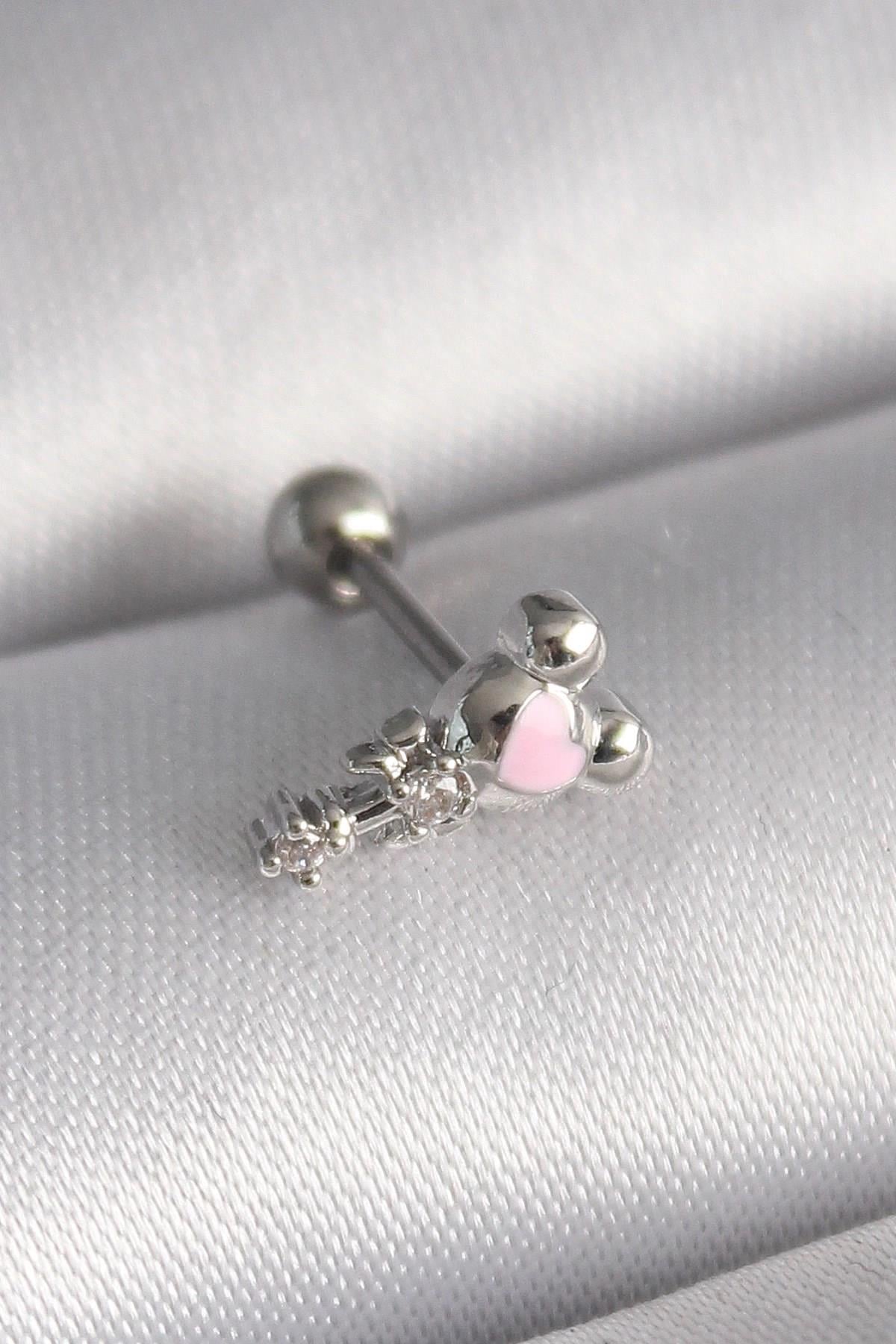 Mey İthalat® 316L Çelik Gümüş Renk Zirkon Taş Detay Pembe Kalp İşleme Tragus Piercing