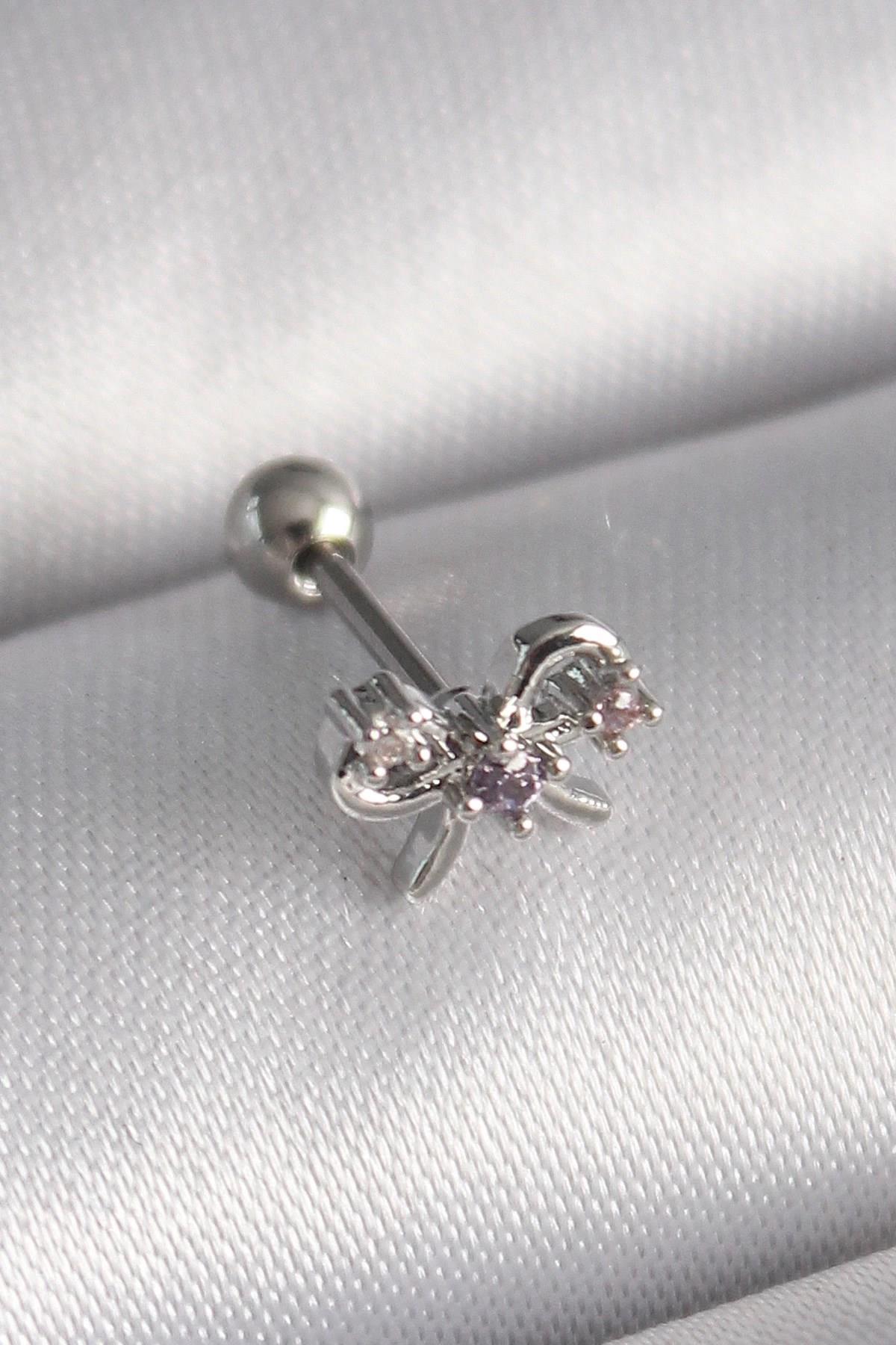 Mey İthalat® 316L Çelik Gümüş Renk Zirkon Taşlı Kurdele Tragus Piercing