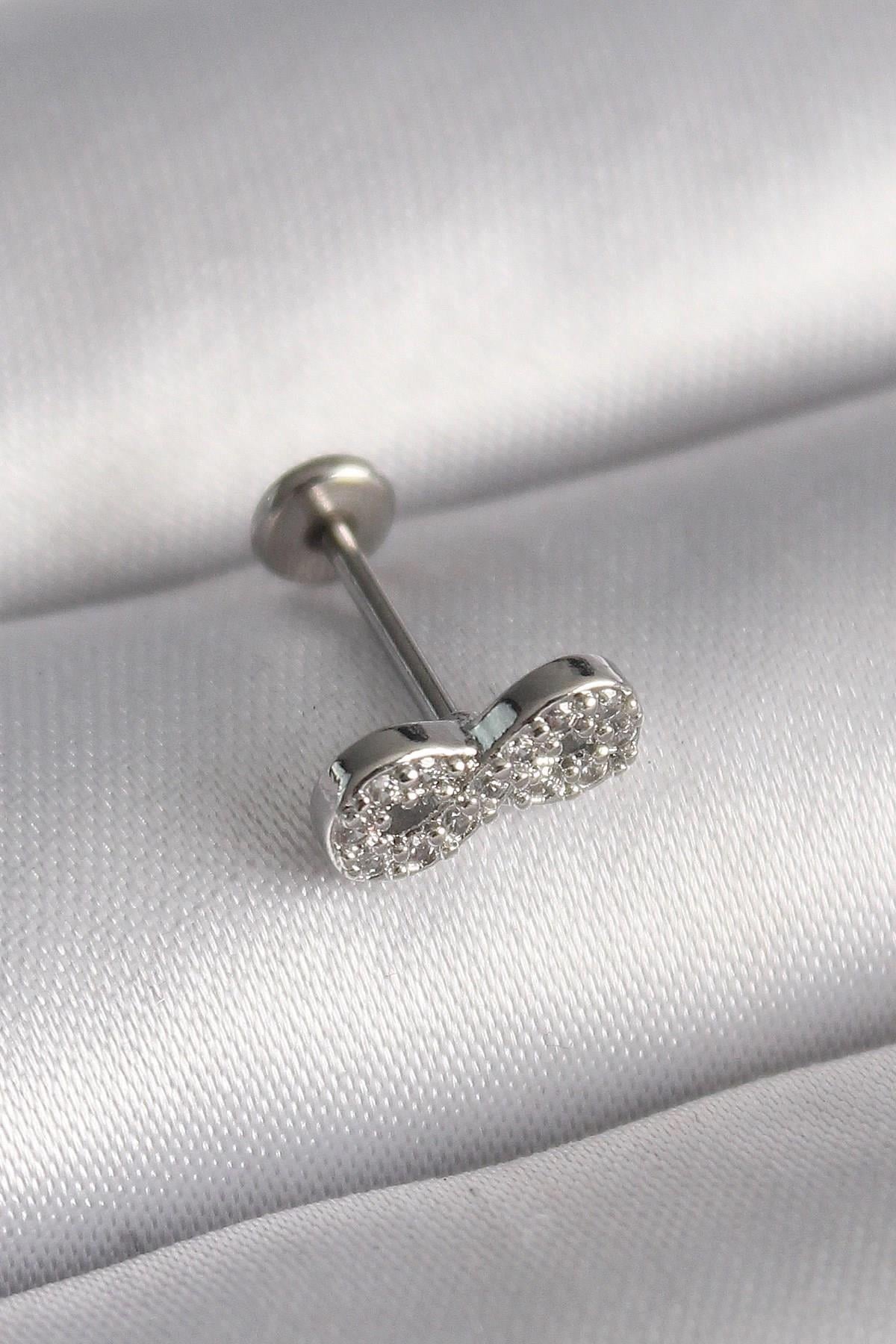 Mey İthalat® 316L Çelik Gümüş Renk Zirkon Taşlı Sonsuzluk Model Tragus Piercing