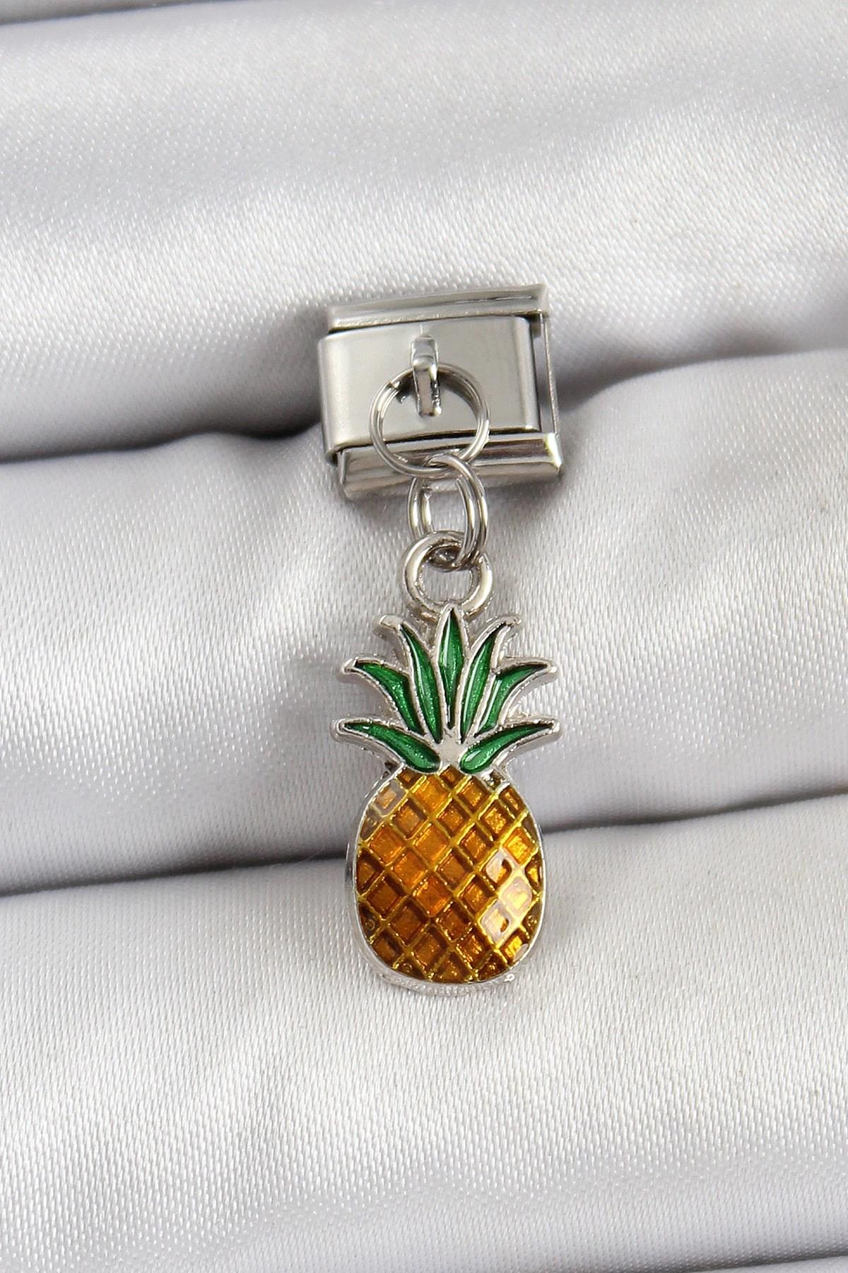 Mey İthalat® 316L Çelik Sallantılı Ananas Model Gümüş Renk Nomination Charm