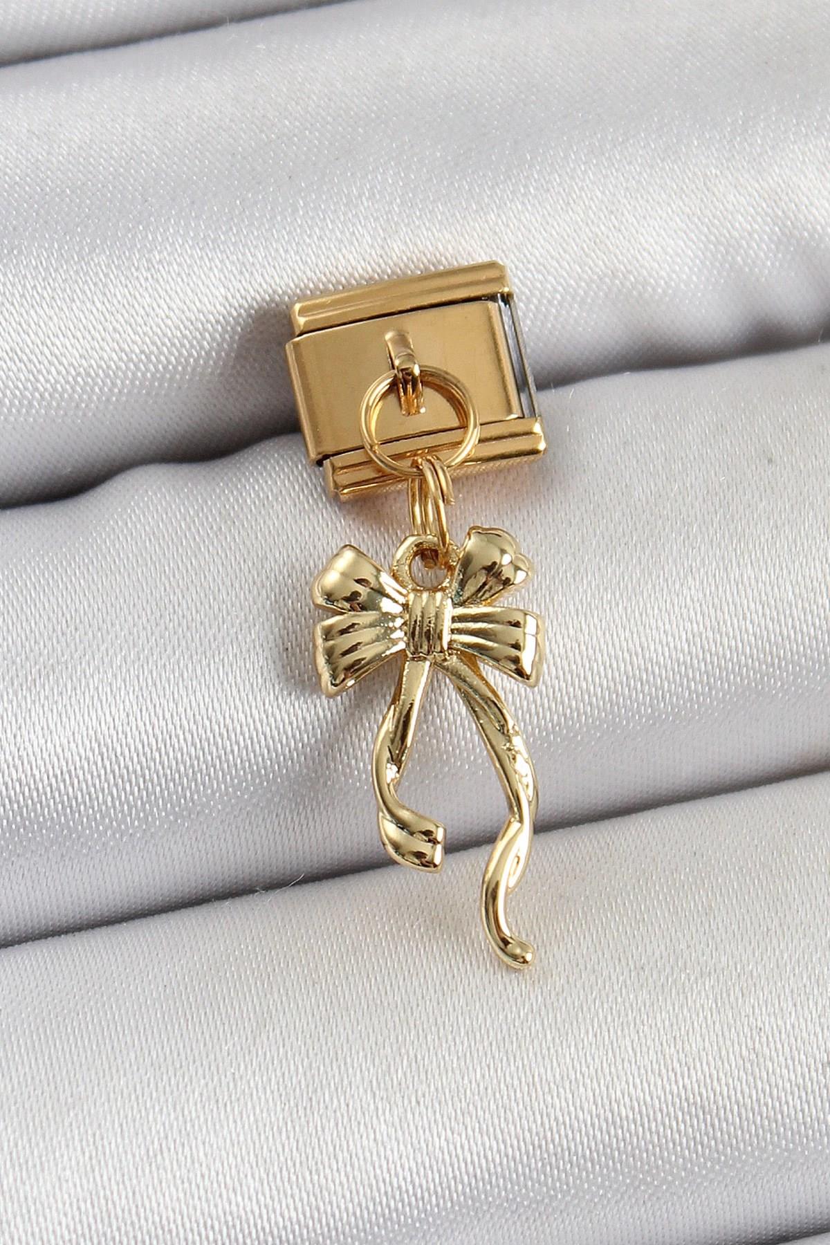 Mey İthalat® 316L Çelik Sallantılı Uzun Fiyonk Model Gold Renk Nomination Charm