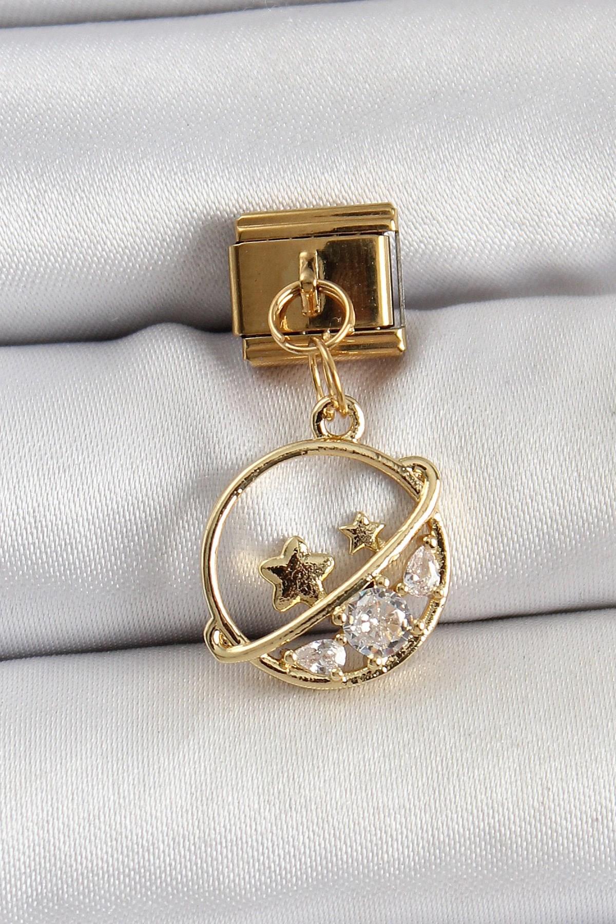 Mey İthalat® 316L Çelik Sallantılı Zirkon Taşlı Satürn Model Gold Renk Nomination Charm