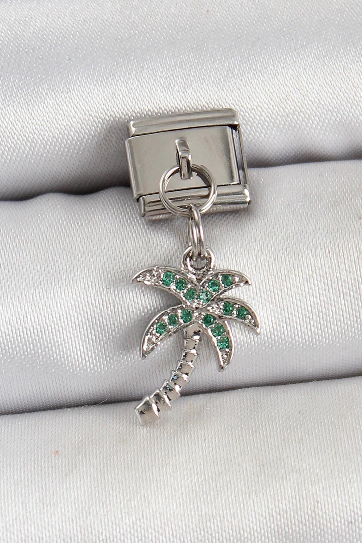 Mey İthalat® 316L Çelik Sallantılı Zirkon Taşlı Palmiye Ağacı Model Gümüş Renk Nomination Charm