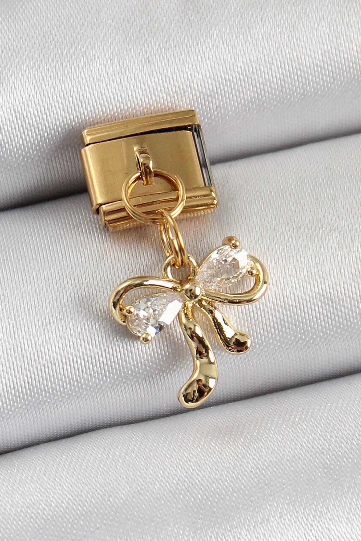 Mey İthalat® 316L Çelik Sallantılı Zirkon Taşlı Fiyonk Model Gold Renk Nomination Charm
