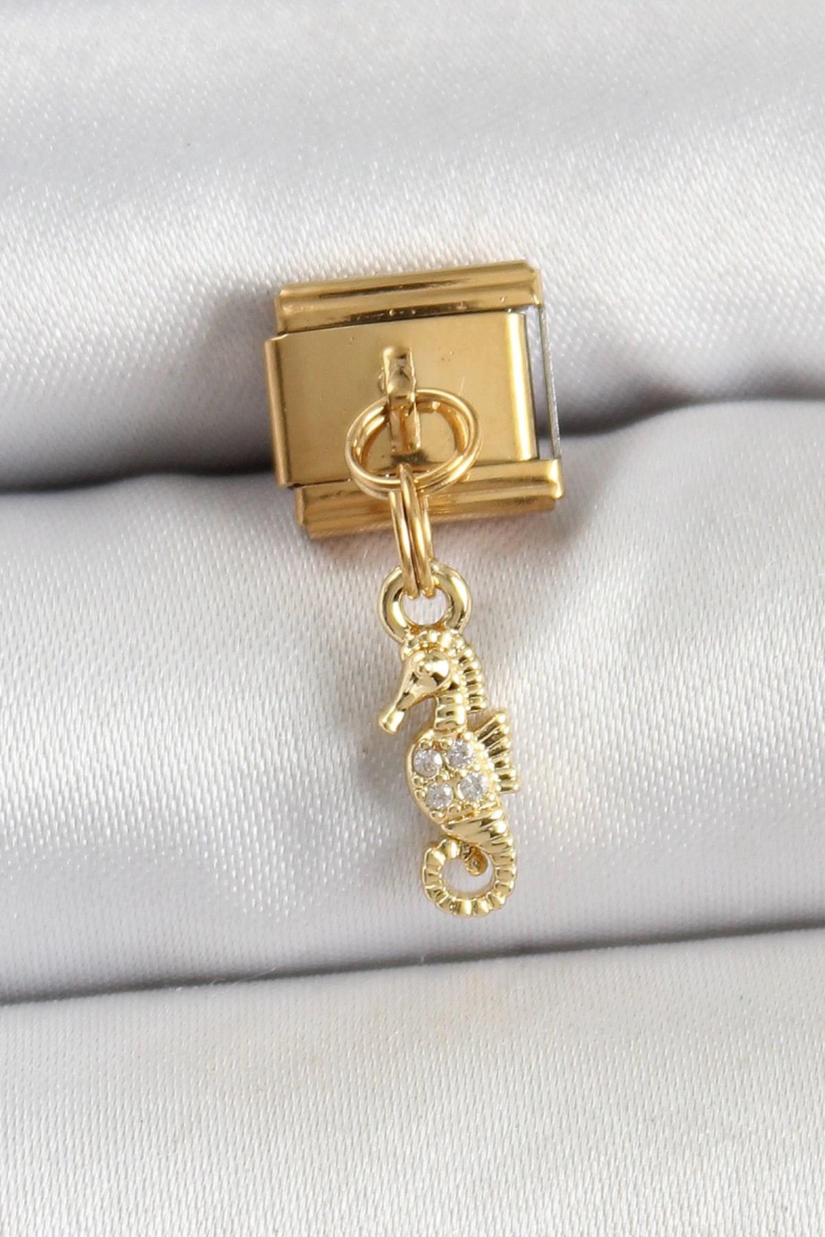 Mey İthalat® 316L Çelik Sallantılı Zirkon Taşlı Çiçek Model Gold Renk Nomination Charm