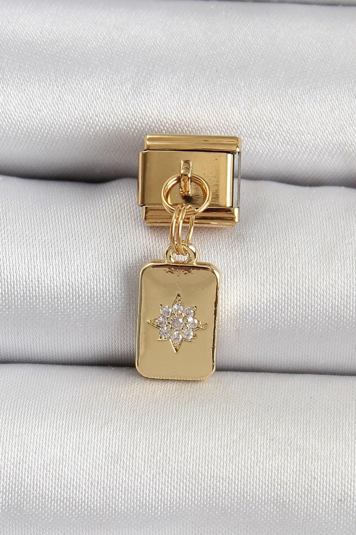 Mey İthalat® 316L Çelik Sallantılı Zirkon Taşlı Kutup Yıldızı Figürlü Dikdörtgen Model Gold Renk Nomination Charm
