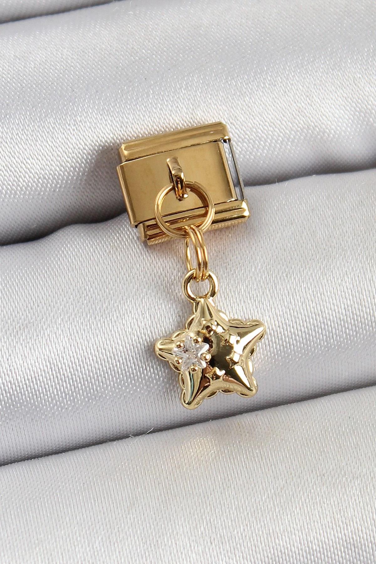 Mey İthalat® 316L Çelik Sallantılı Zirkon Taşlı Yıldız Model Gold Renk Nomination Charm