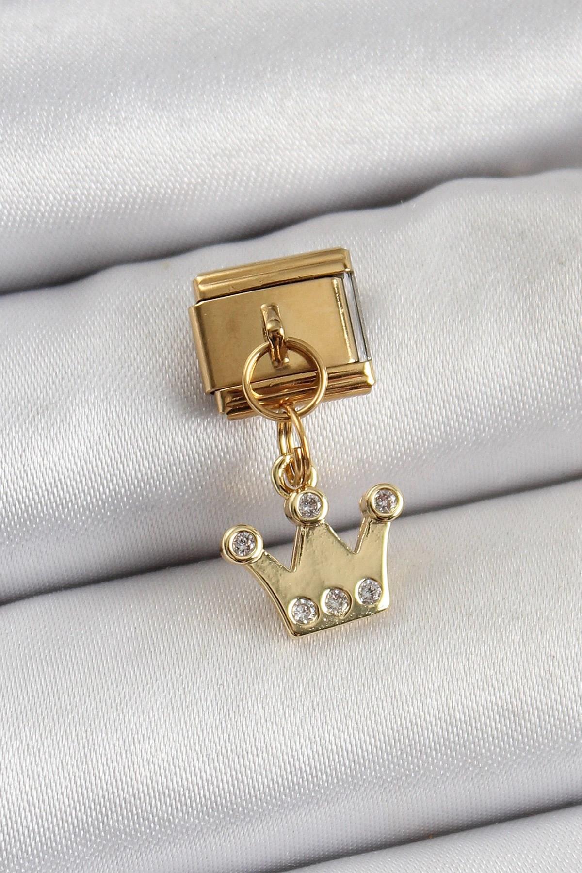 Mey İthalat® 316L Çelik Sallantılı Zirkon Taşlı Kraliçe Tacı Model Gold Renk Nomination Charm