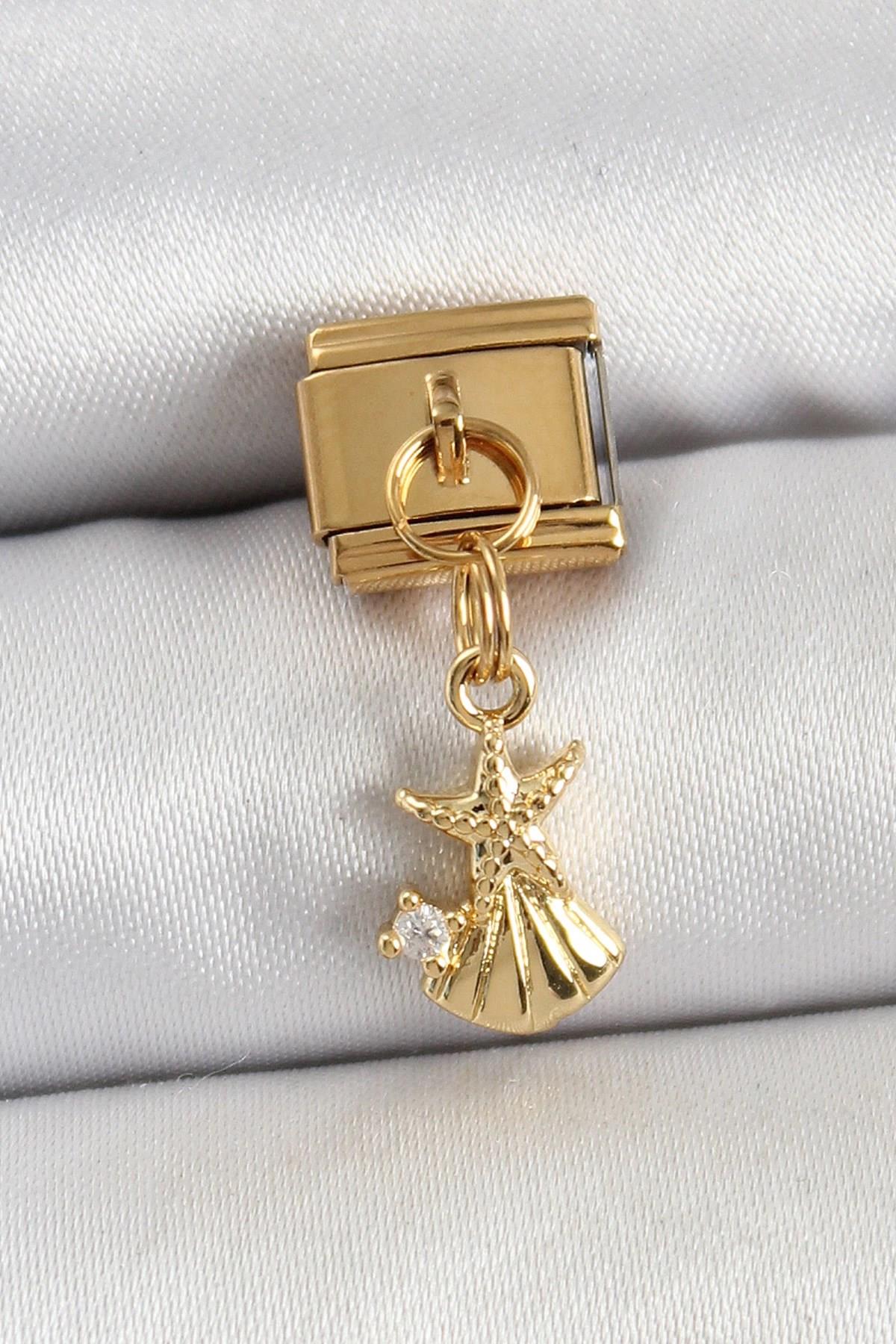 Mey İthalat® 316L Çelik Sallantılı Zirkon Taşlı Deniz Yıldızı Ve İstiridye Model Gold Renk Nomination Charm